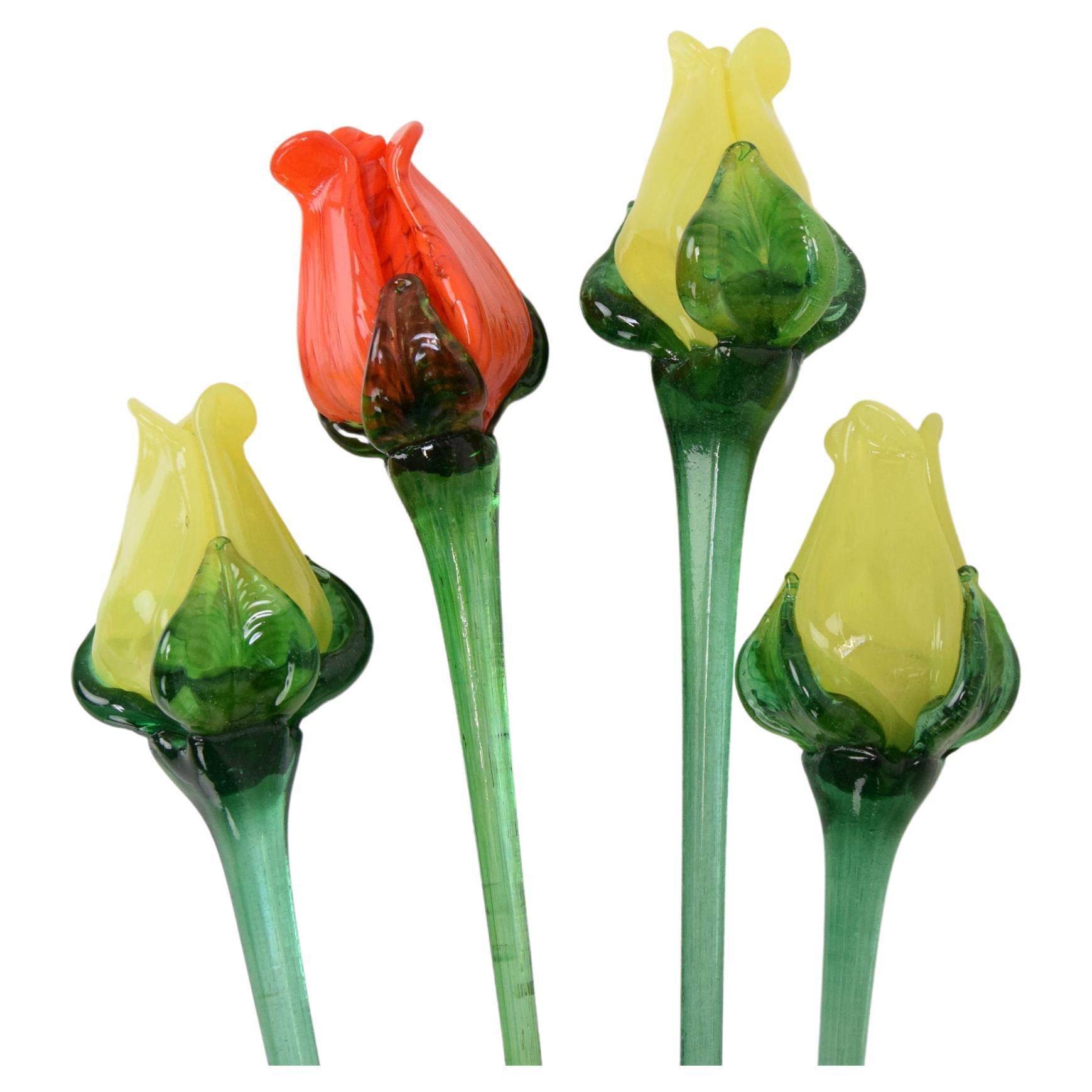 Set of Four Glass Flowers/Rose, Glasswork Novy Bor, 1950's. For Sale