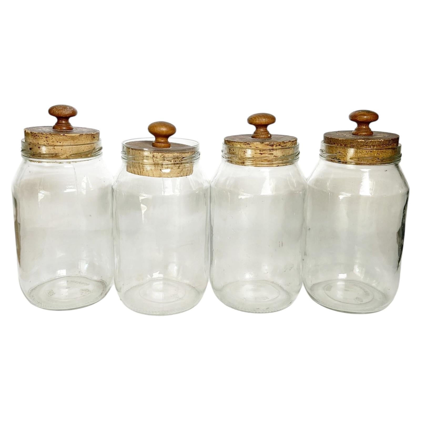 Set of Four Glass Jars with Cork Stoppers, Decorative Kitchen, France, 1950s For Sale