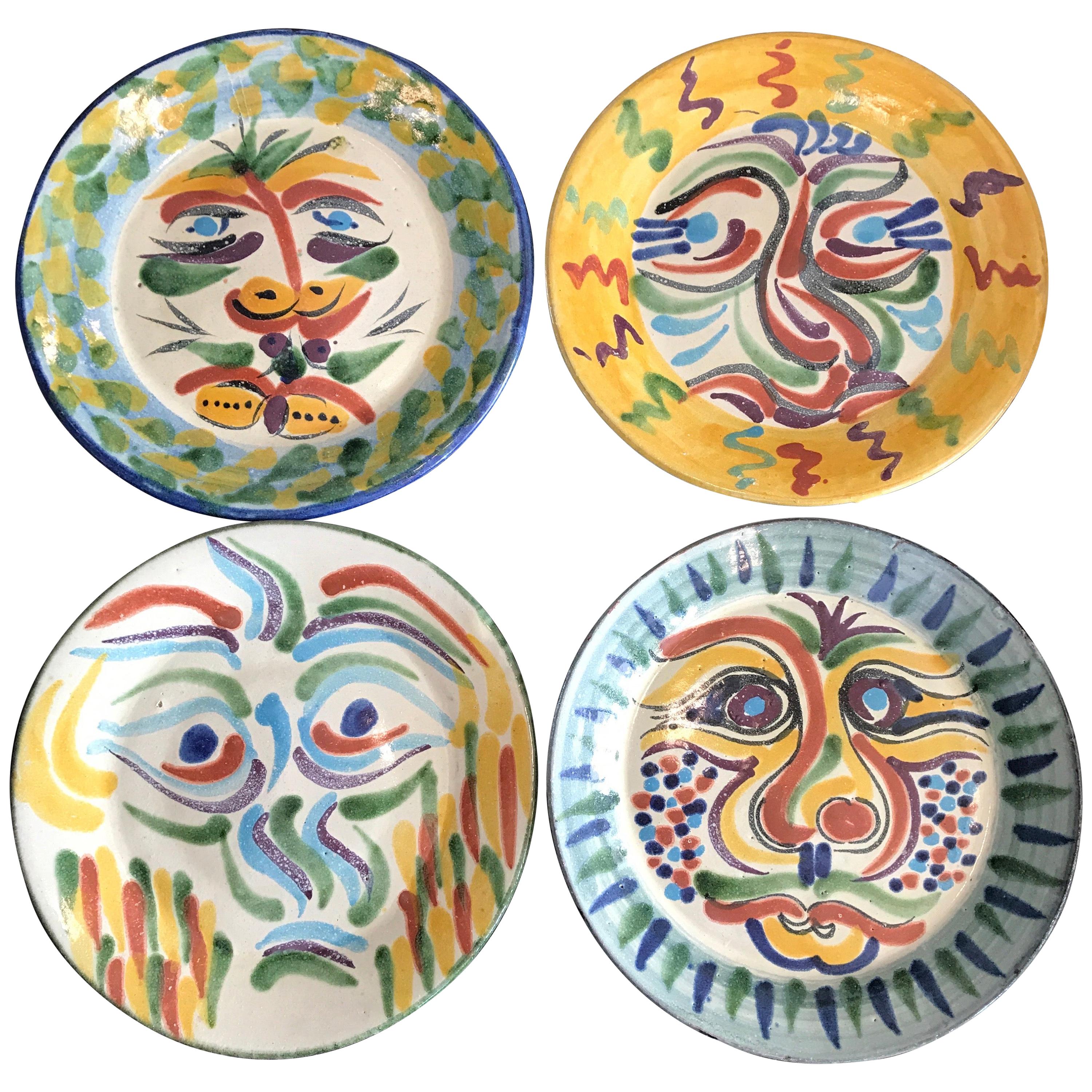 Set of Four Glazed Pottery Plates in the Style of Picasso