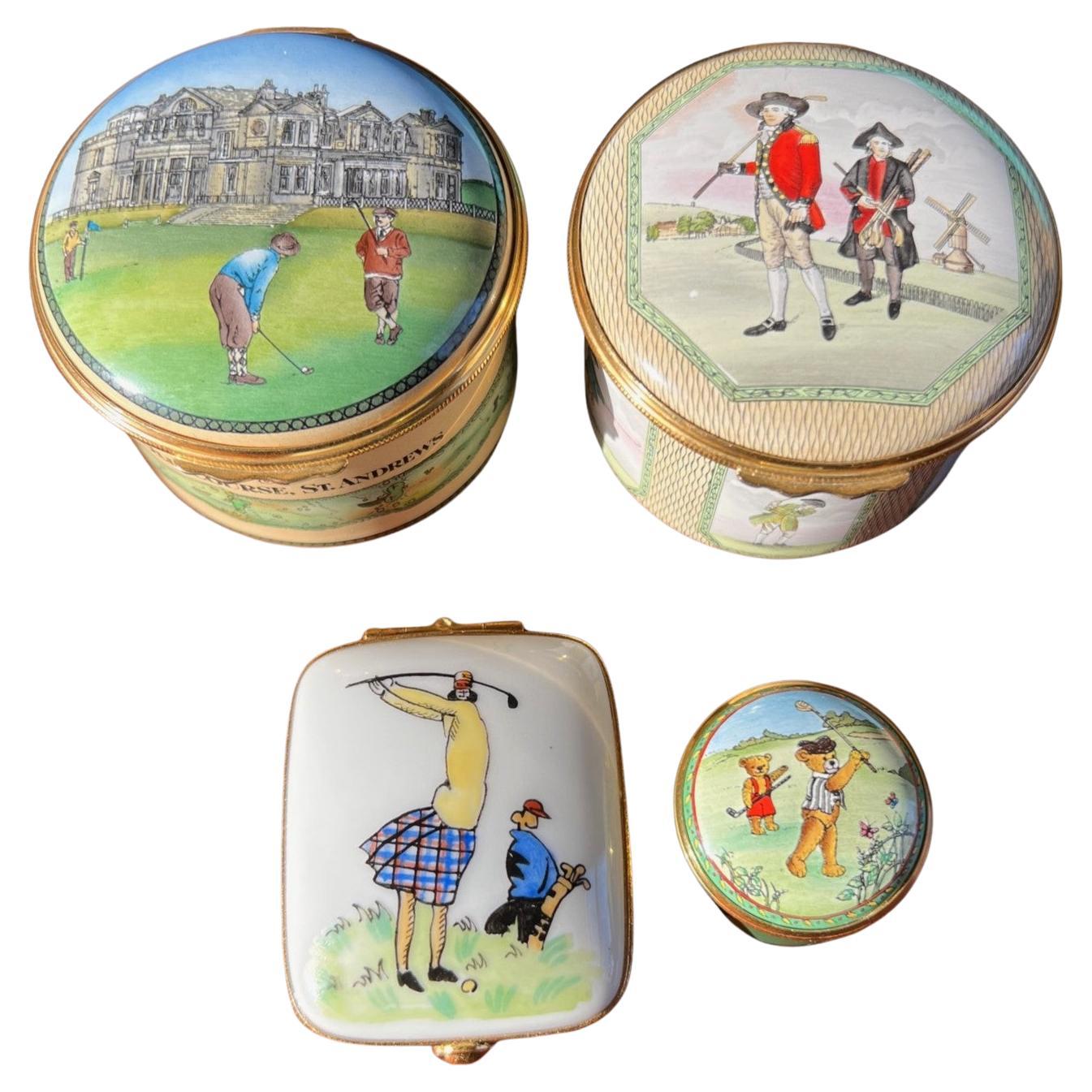 Juego de cuatro cajas de esmalte con tema de golf - Halcyon Days & Limoges Coleccionables