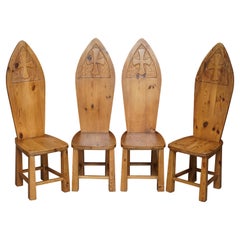 Set of Four Gothic Celtic Style Large Pitch Pine Dining Chairs with High Backs