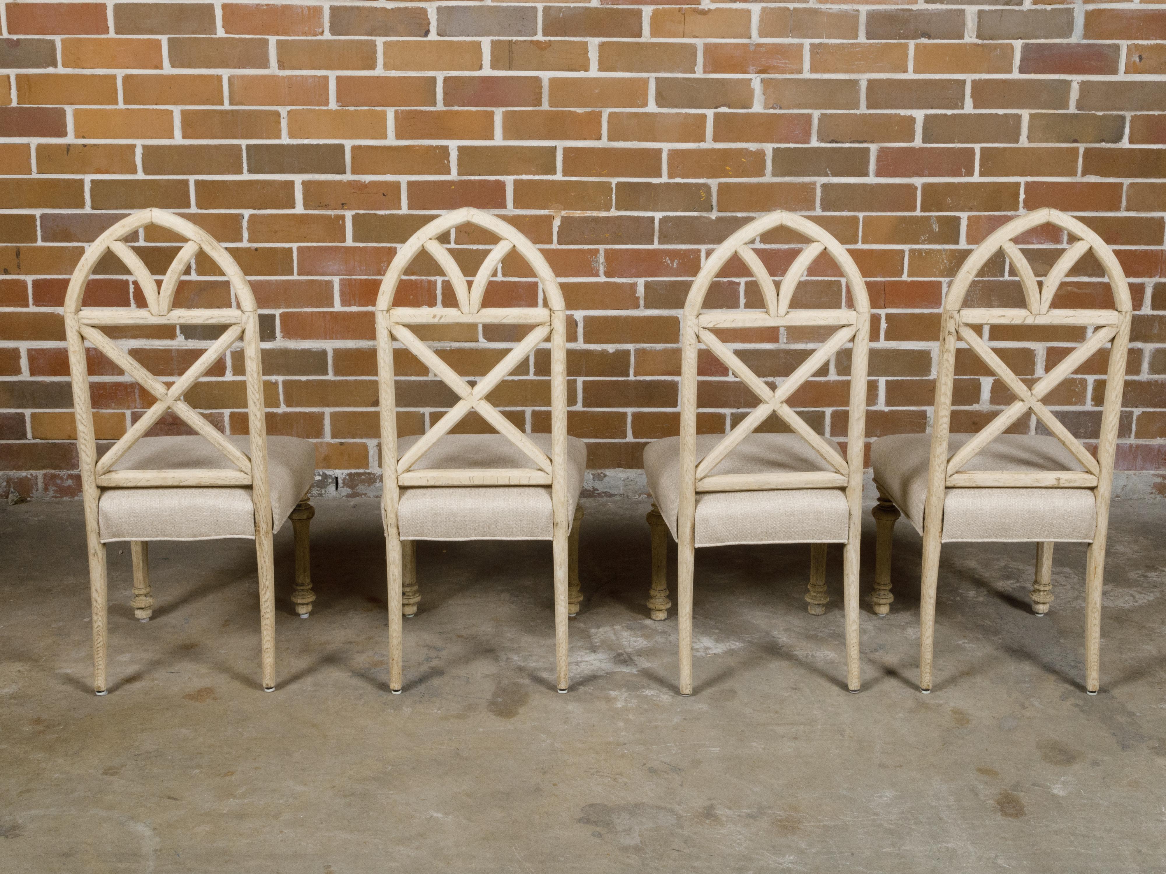 Set of Four Gothic Revival English Bleached Oak Dining Chairs with Arched Backs For Sale 6