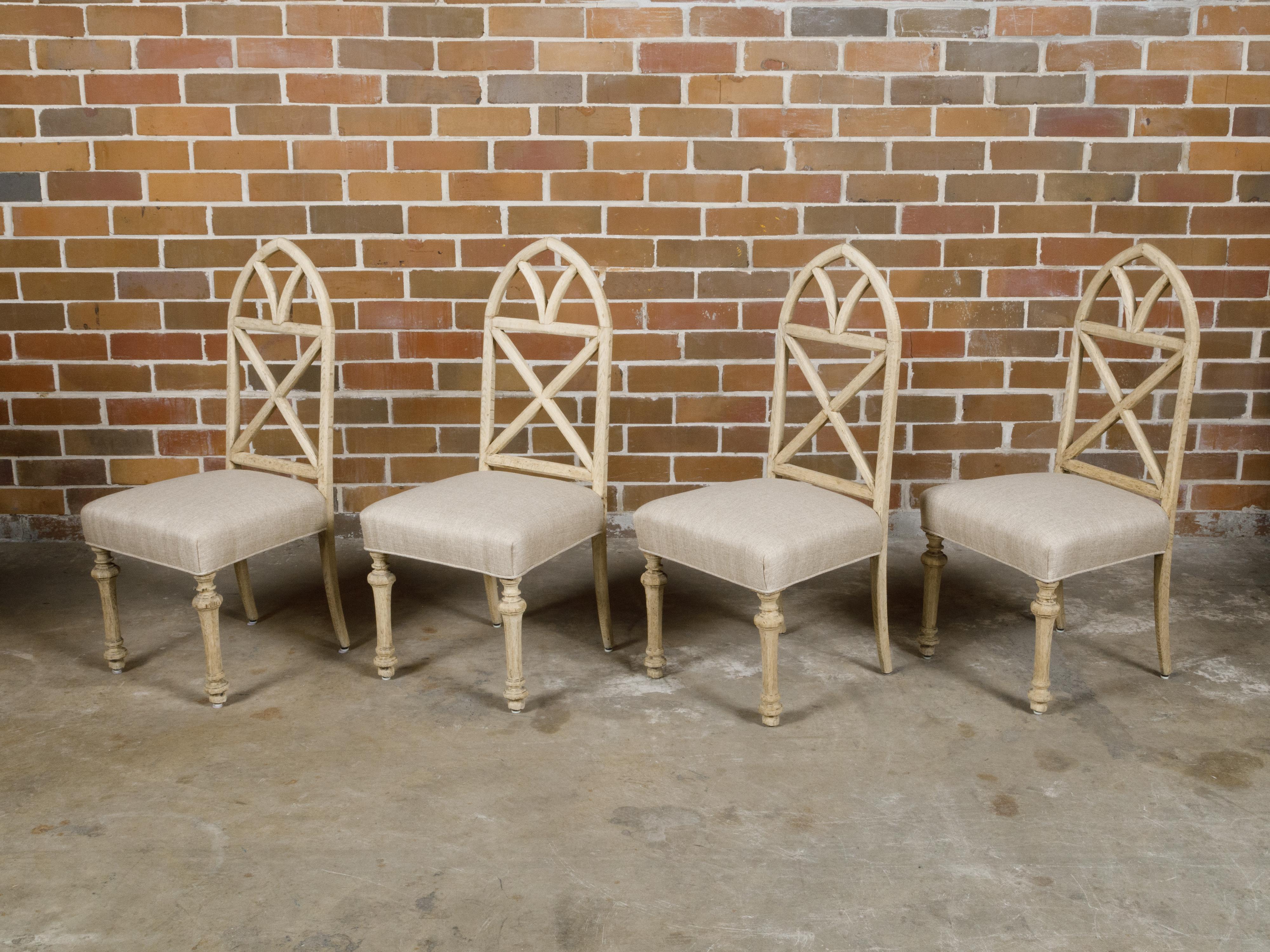 Set of Four Gothic Revival English Bleached Oak Dining Chairs with Arched Backs For Sale 8