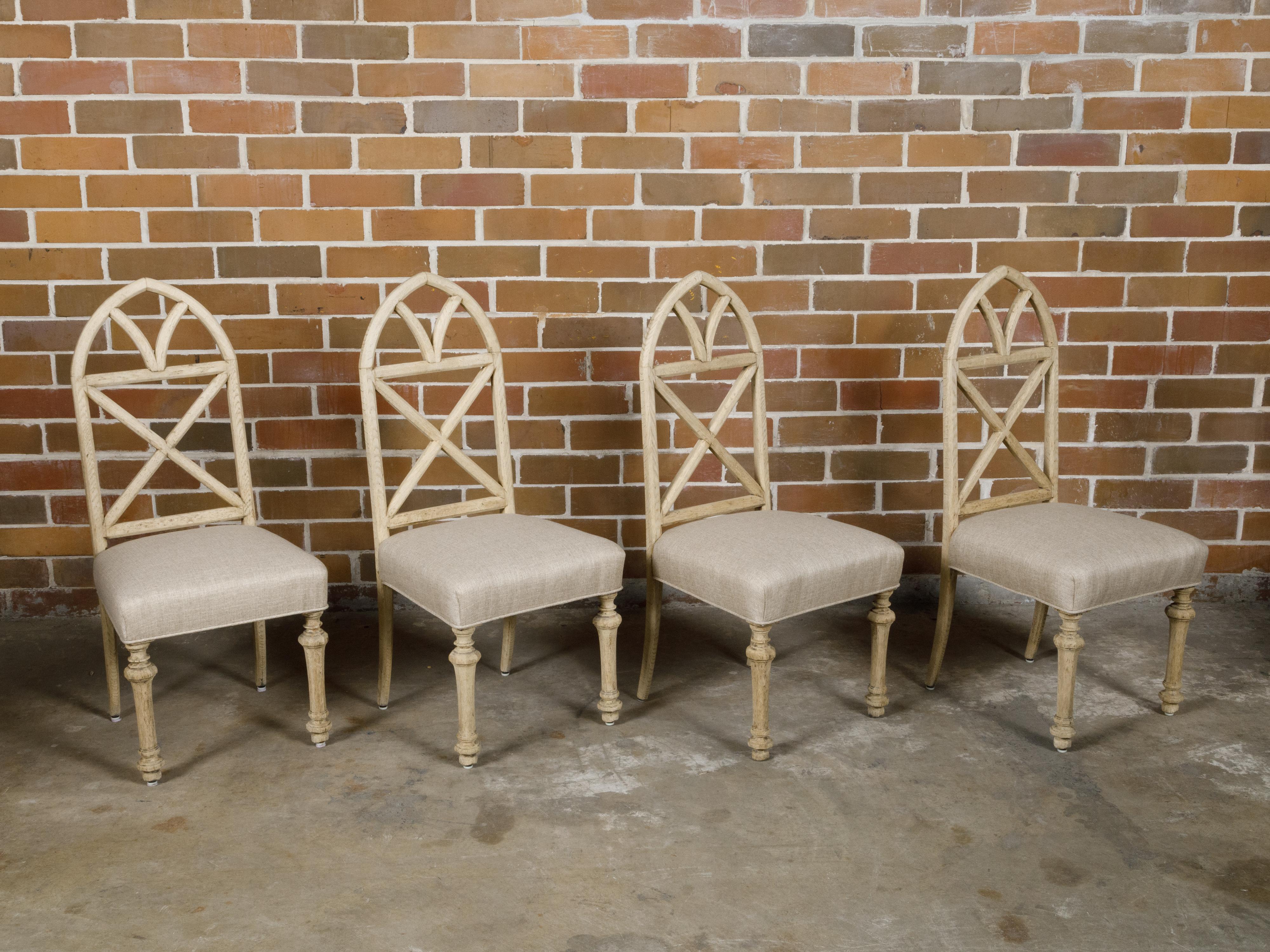 Set of Four Gothic Revival English Bleached Oak Dining Chairs with Arched Backs For Sale 4