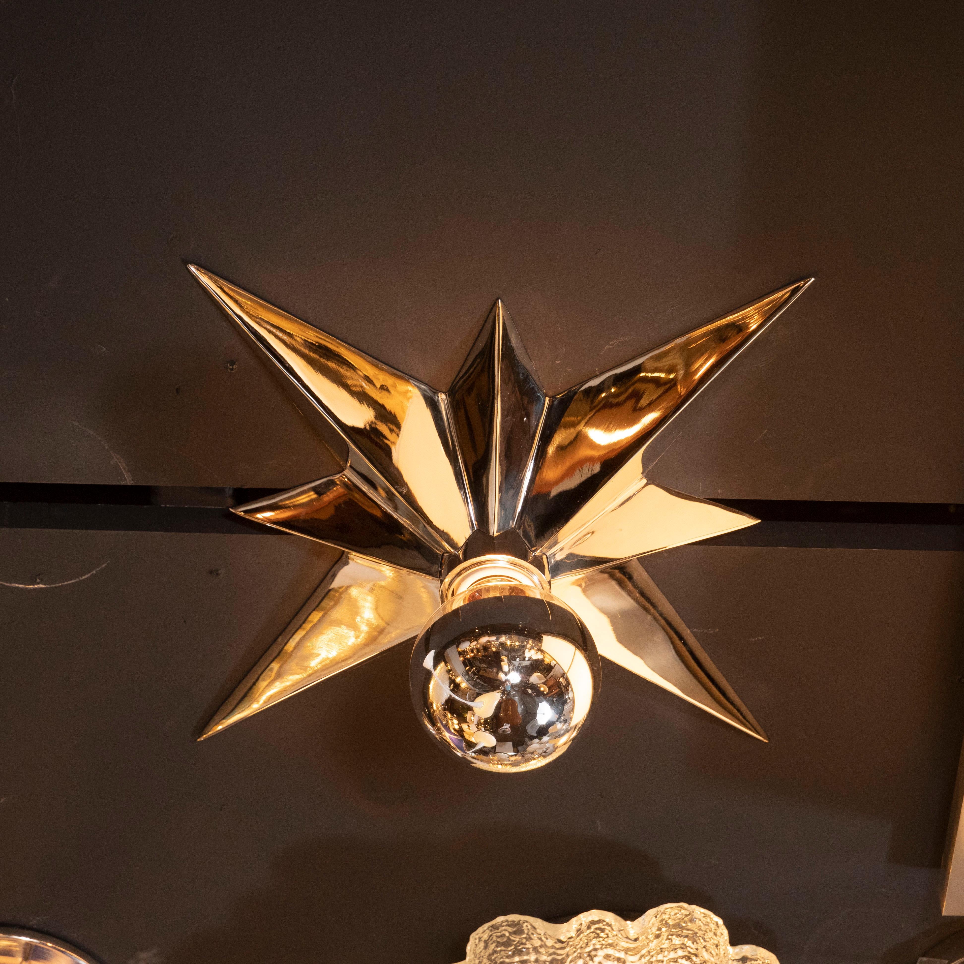 Set of Three Graphic Mid-Century Modern Polished Nickel Star Flush Mounts In Excellent Condition In New York, NY