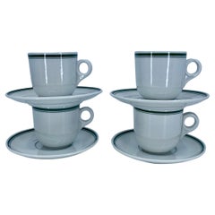 Set of Four Green Banded White Espresso Cups and Saucers