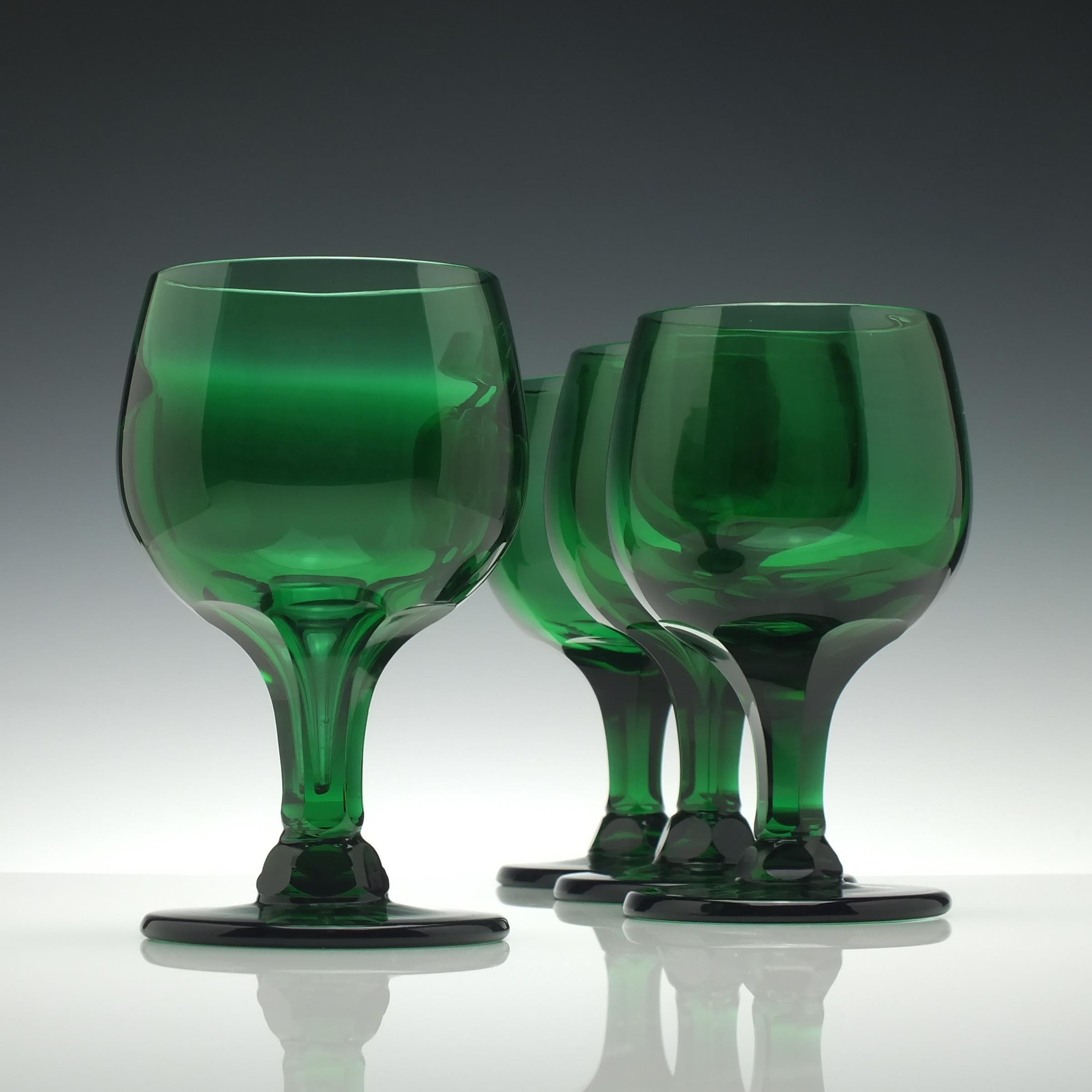 Forged Set of Four Green Glass Wine Goblets, circa 1900 For Sale
