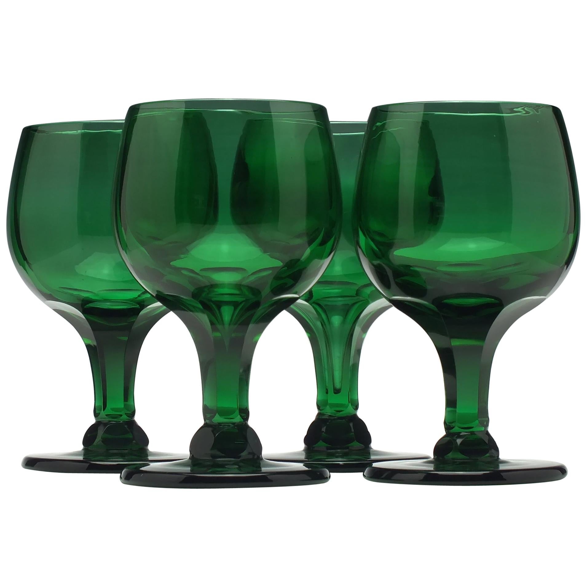 Set of Four Green Glass Wine Goblets, circa 1900 For Sale