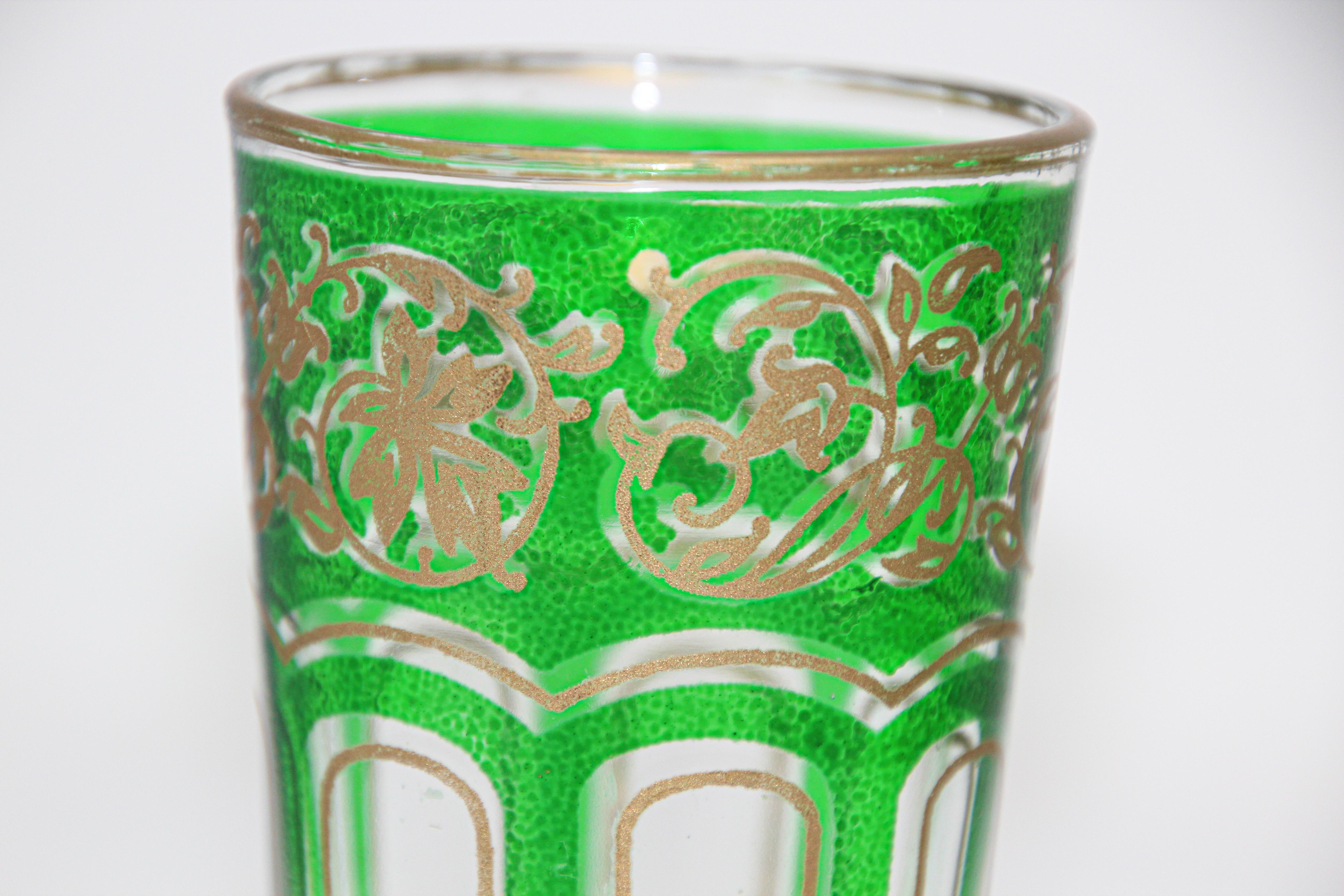 Set of Four Green Glasses with Gold Raised Moorish Design 5