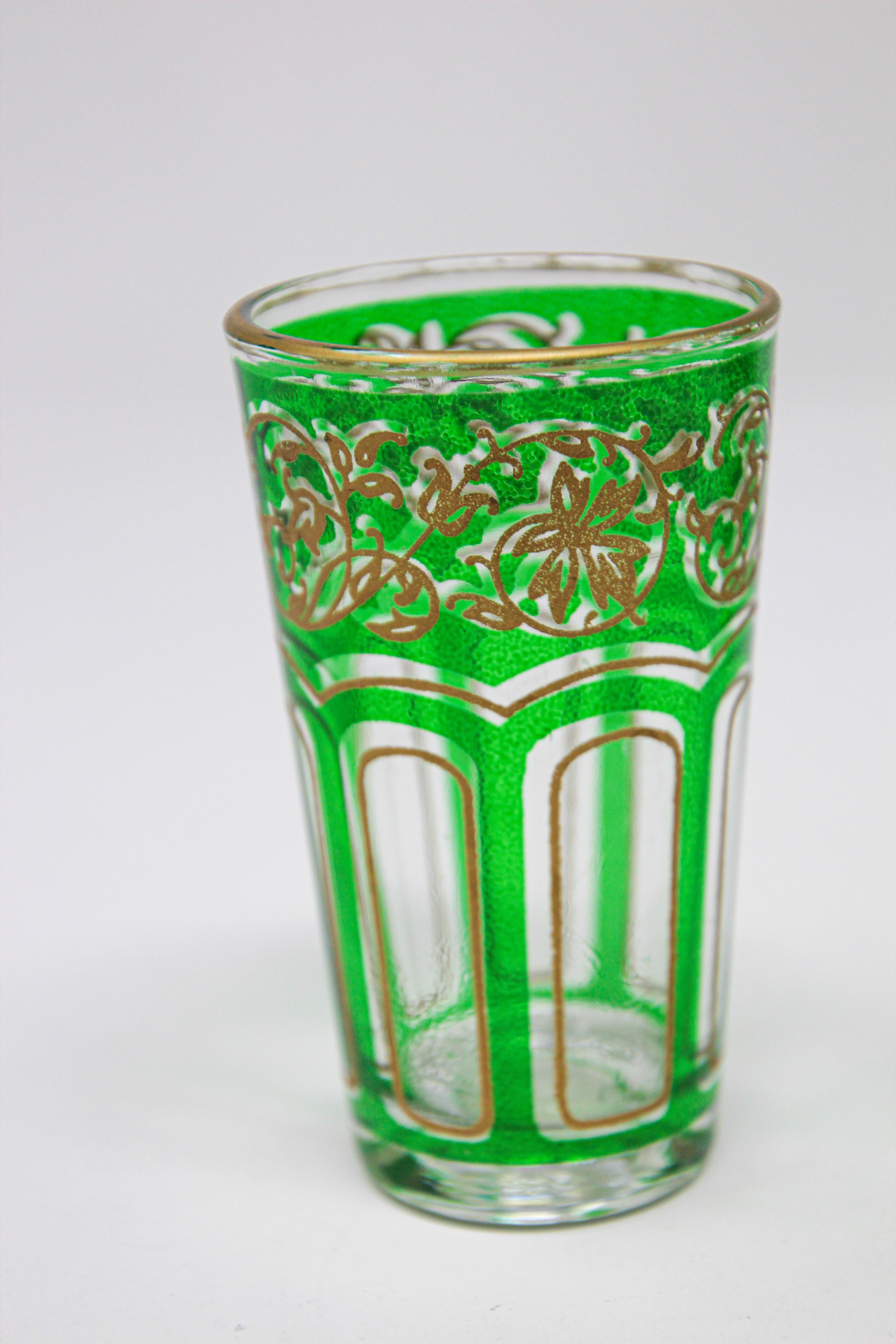 Set of Four Green Glasses with Gold Raised Moorish Design 6