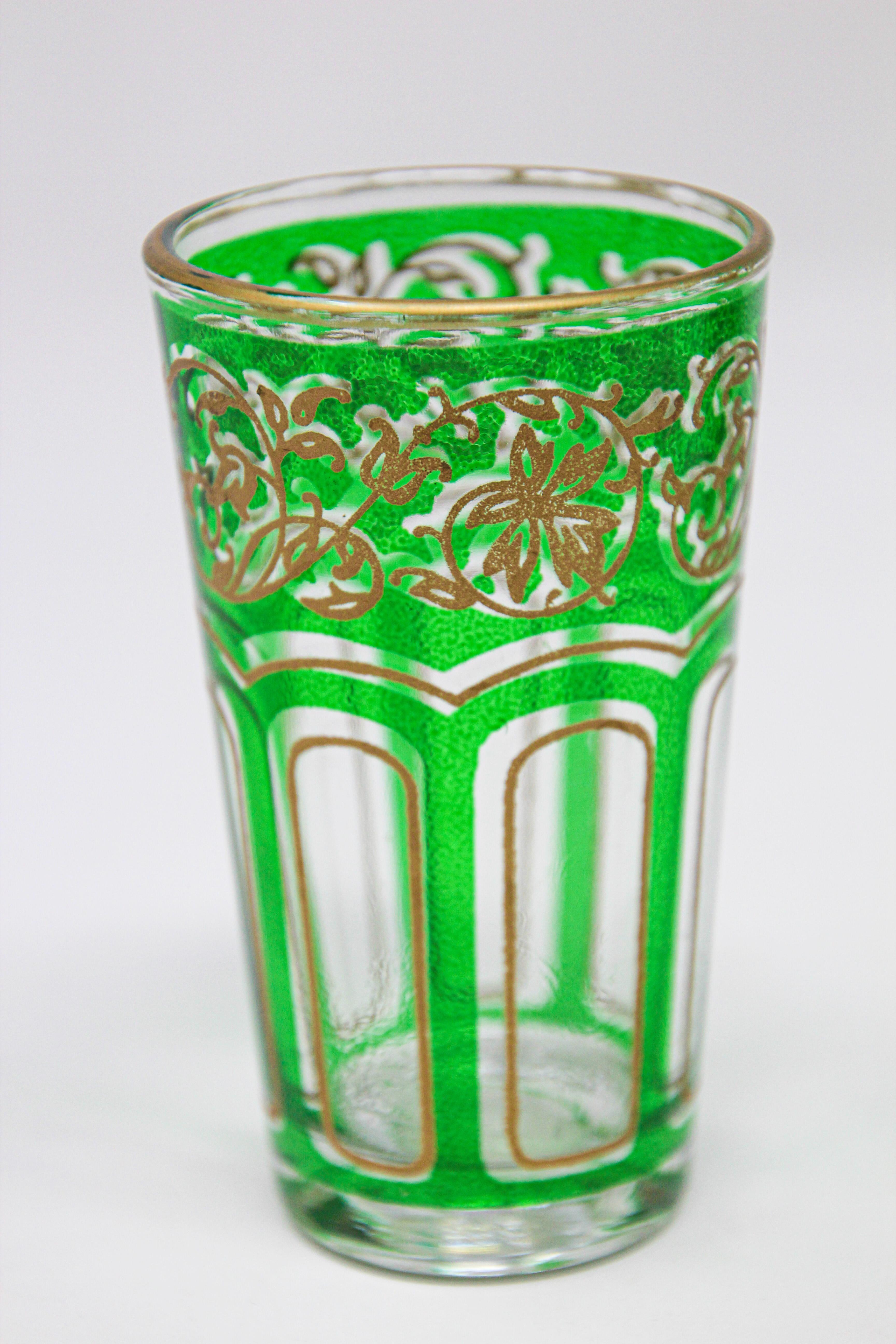 Set of Four Green Glasses with Gold Raised Moorish Design 7