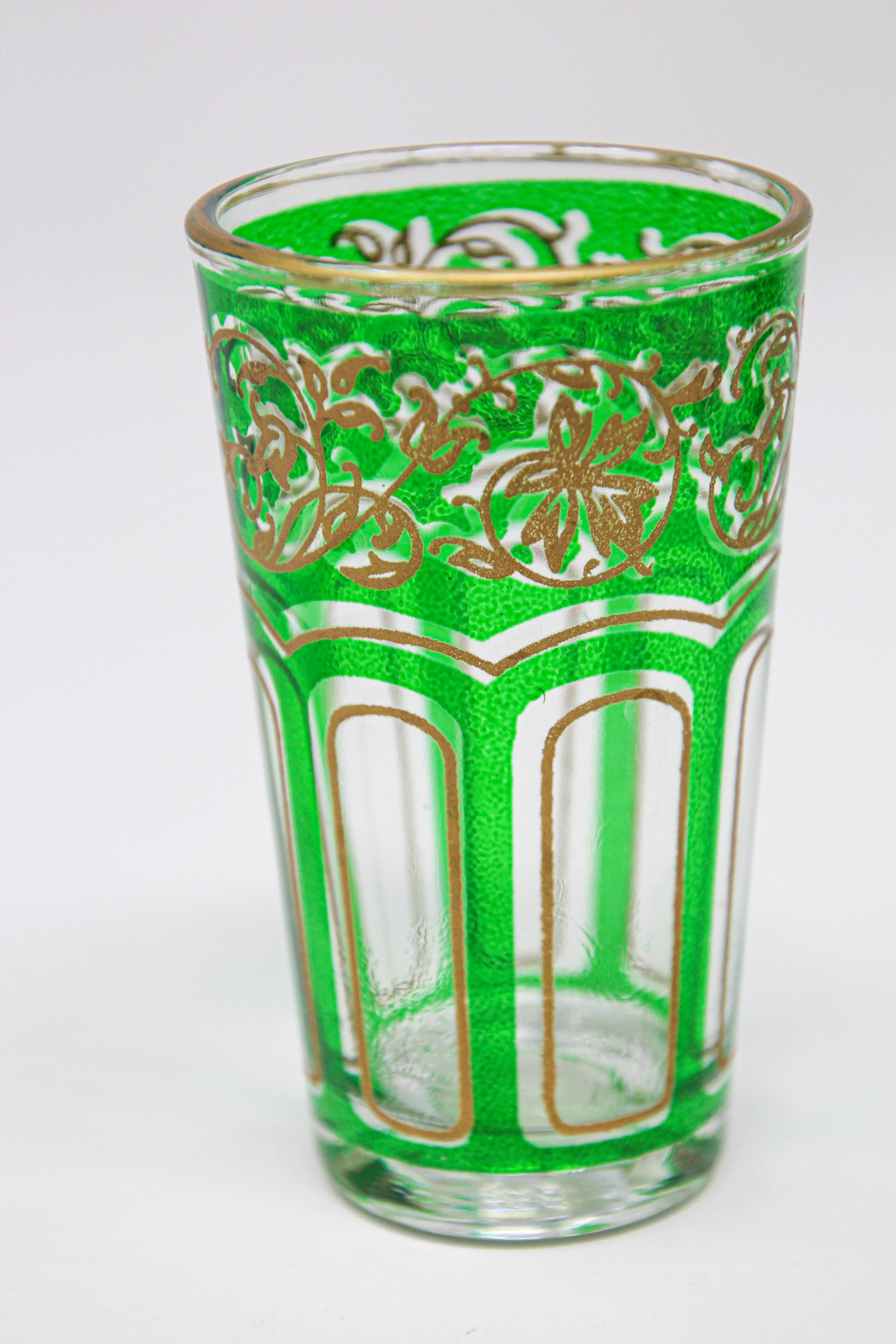 Set of Four Green Glasses with Gold Raised Moorish Design 9