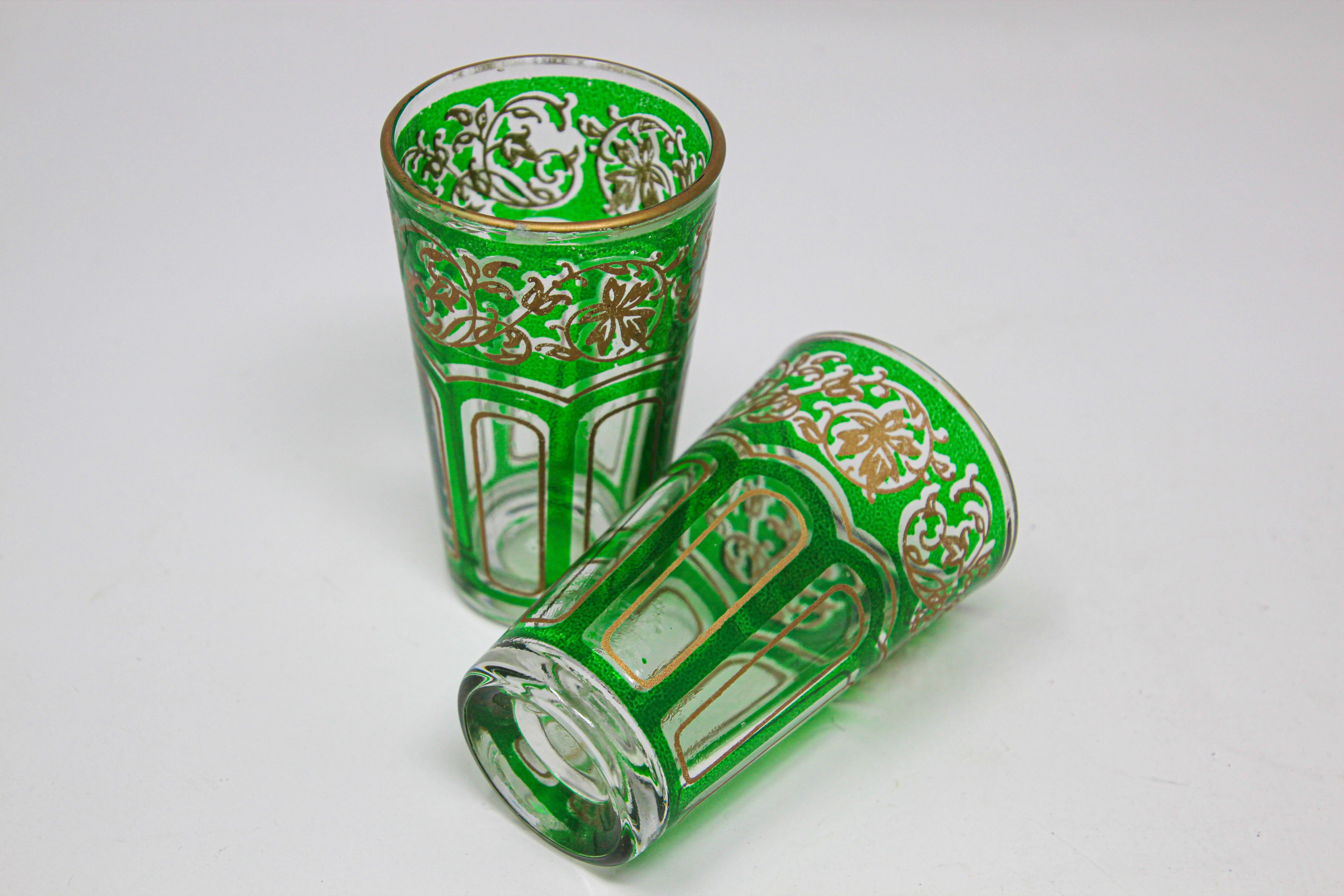 Set of Four Green Glasses with Gold Raised Moorish Design 11