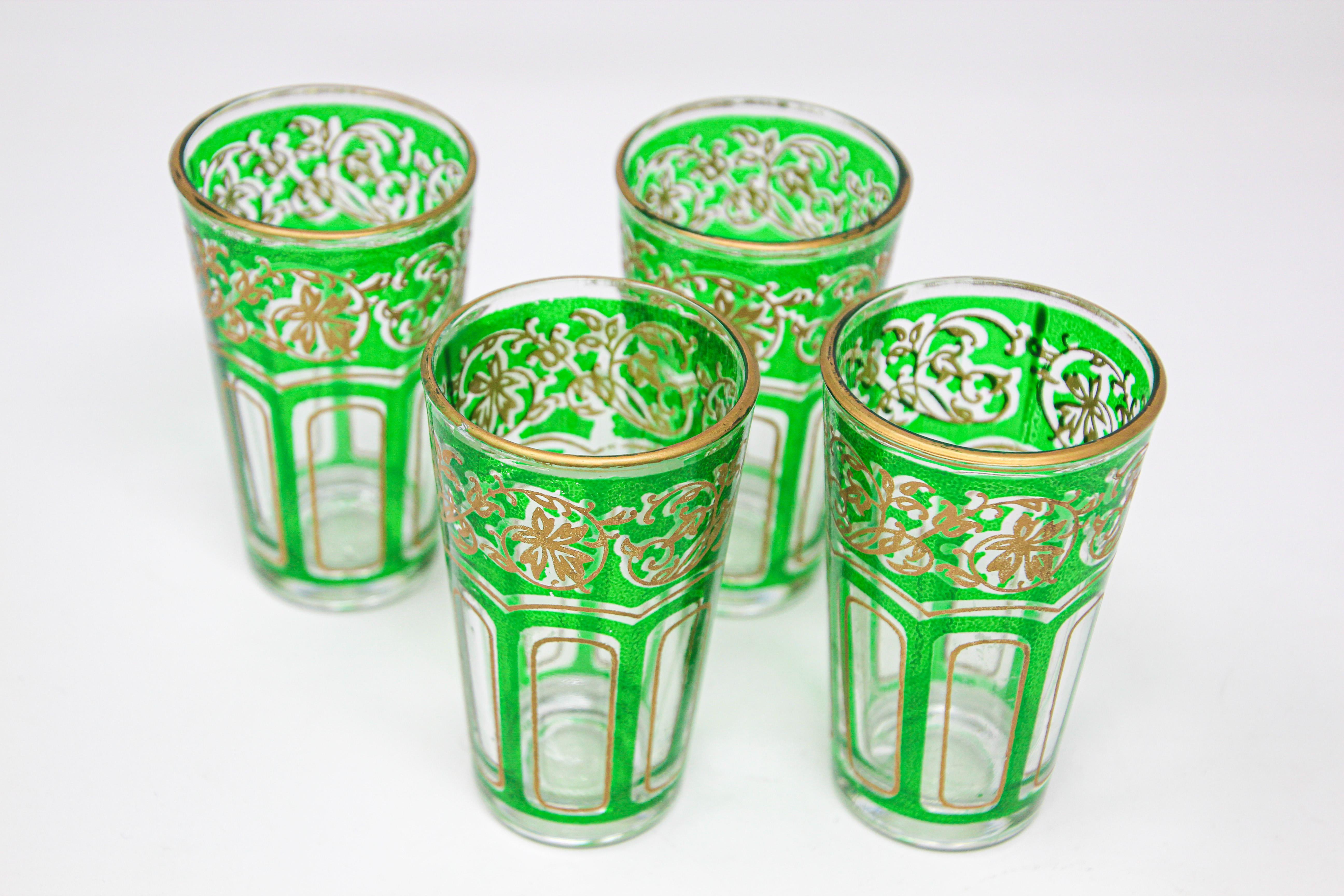 Moroccan Set of Four Green Glasses with Gold Raised Moorish Design