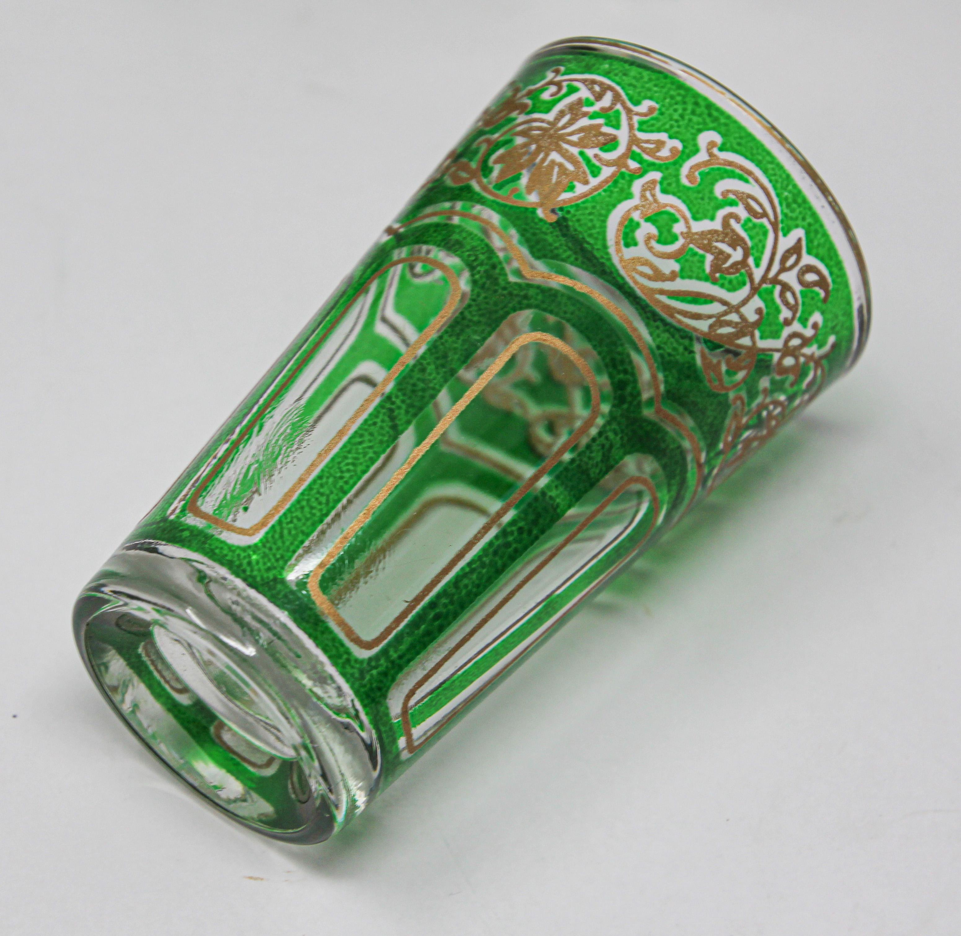 20th Century Set of Four Green Glasses with Gold Raised Moorish Design