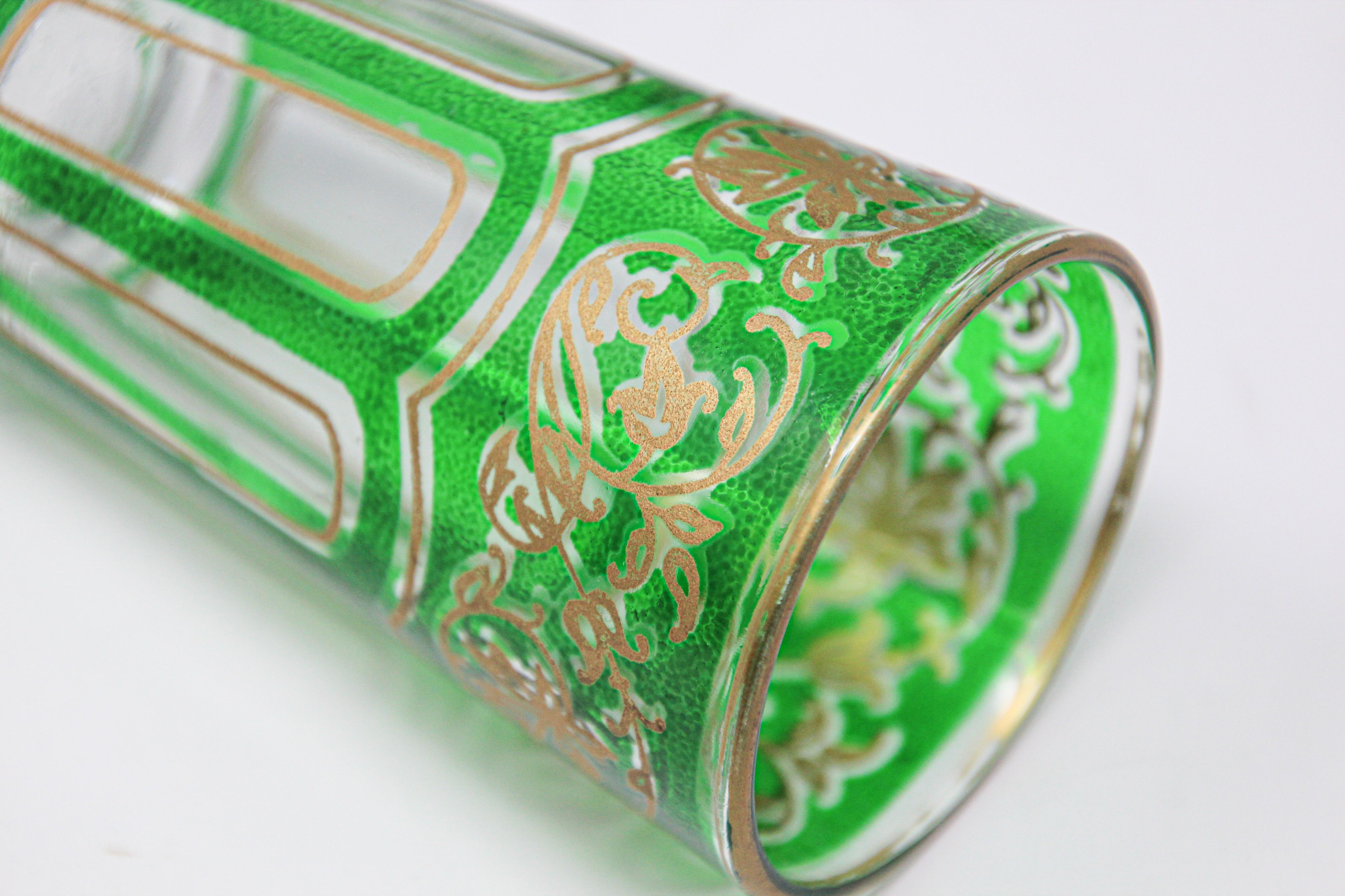 Set of Four Green Glasses with Gold Raised Moorish Design 2