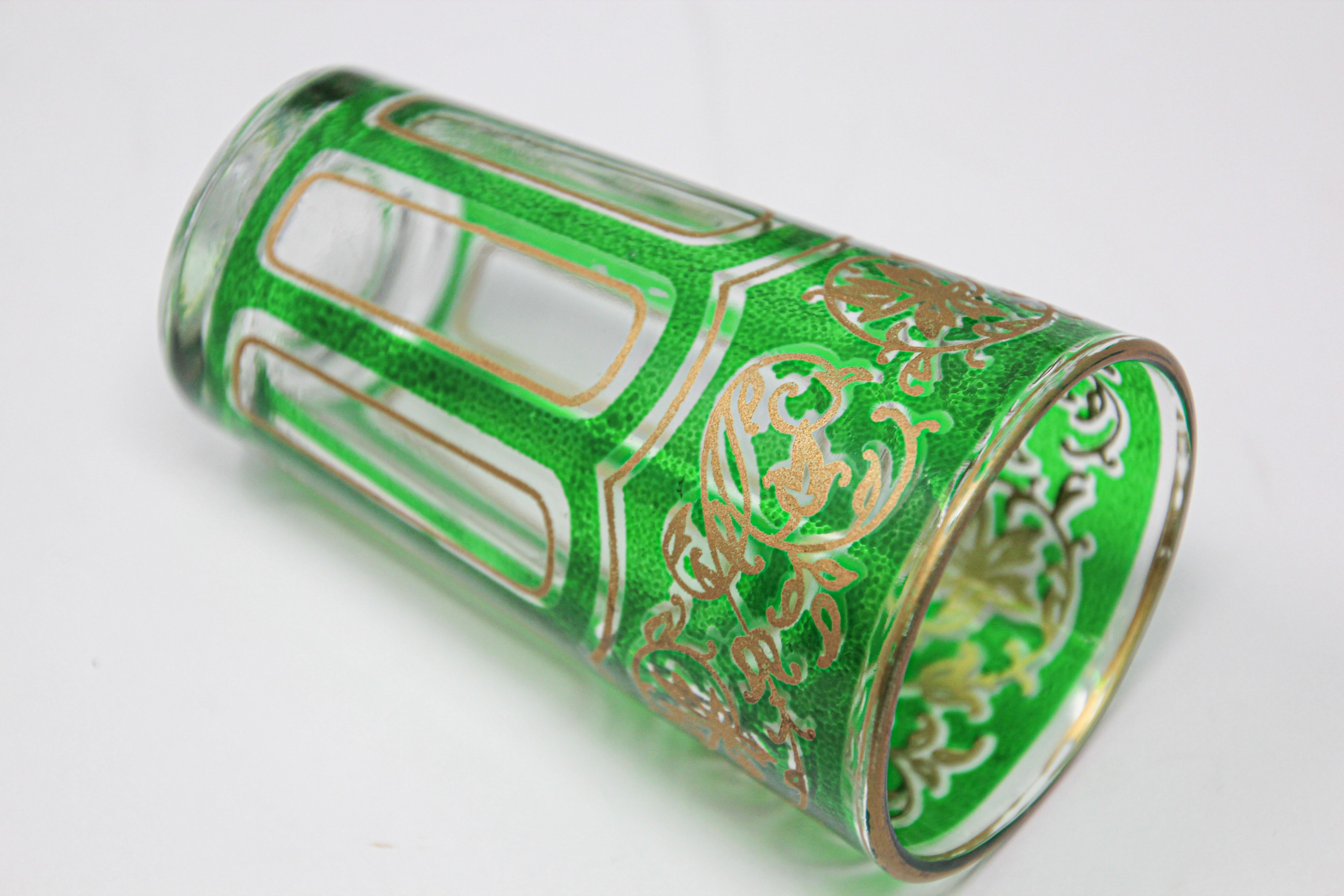 Set of Four Green Glasses with Gold Raised Moorish Design 3