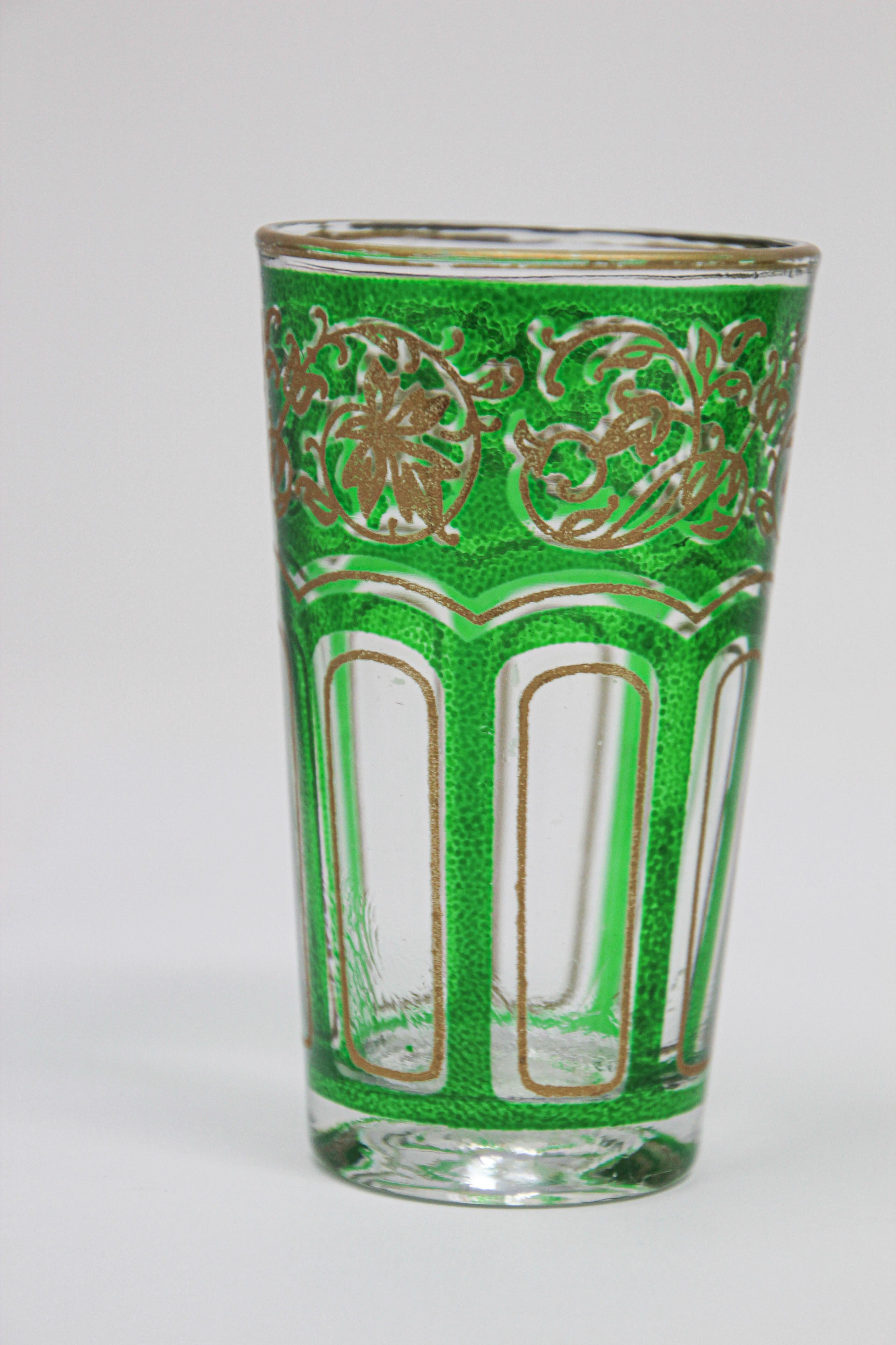 Set of Four Green Glasses with Gold Raised Moorish Design 4