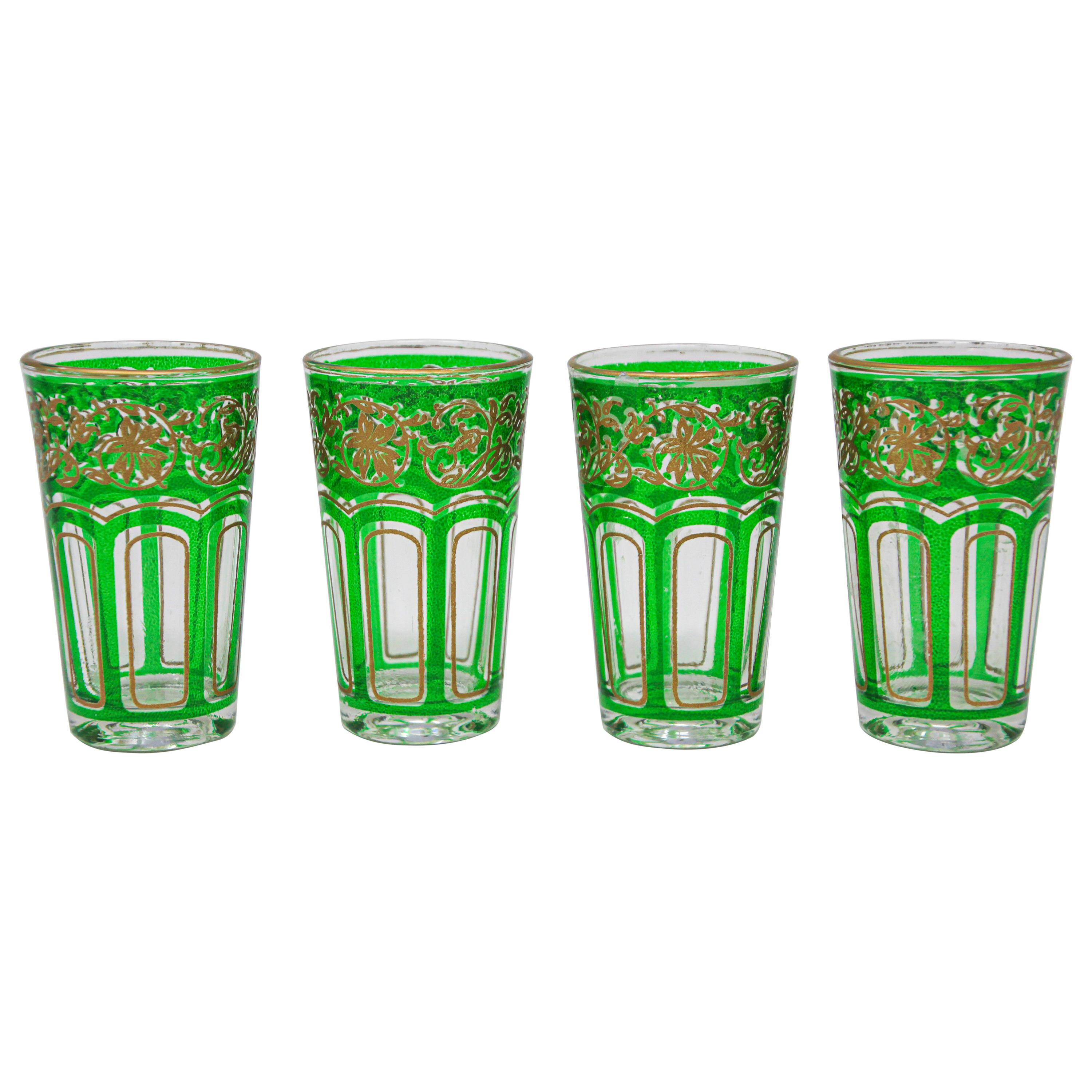 Set of Four Green Glasses with Gold Raised Moorish Design