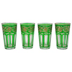 Set of Four Green Glasses with Gold Raised Moorish Design