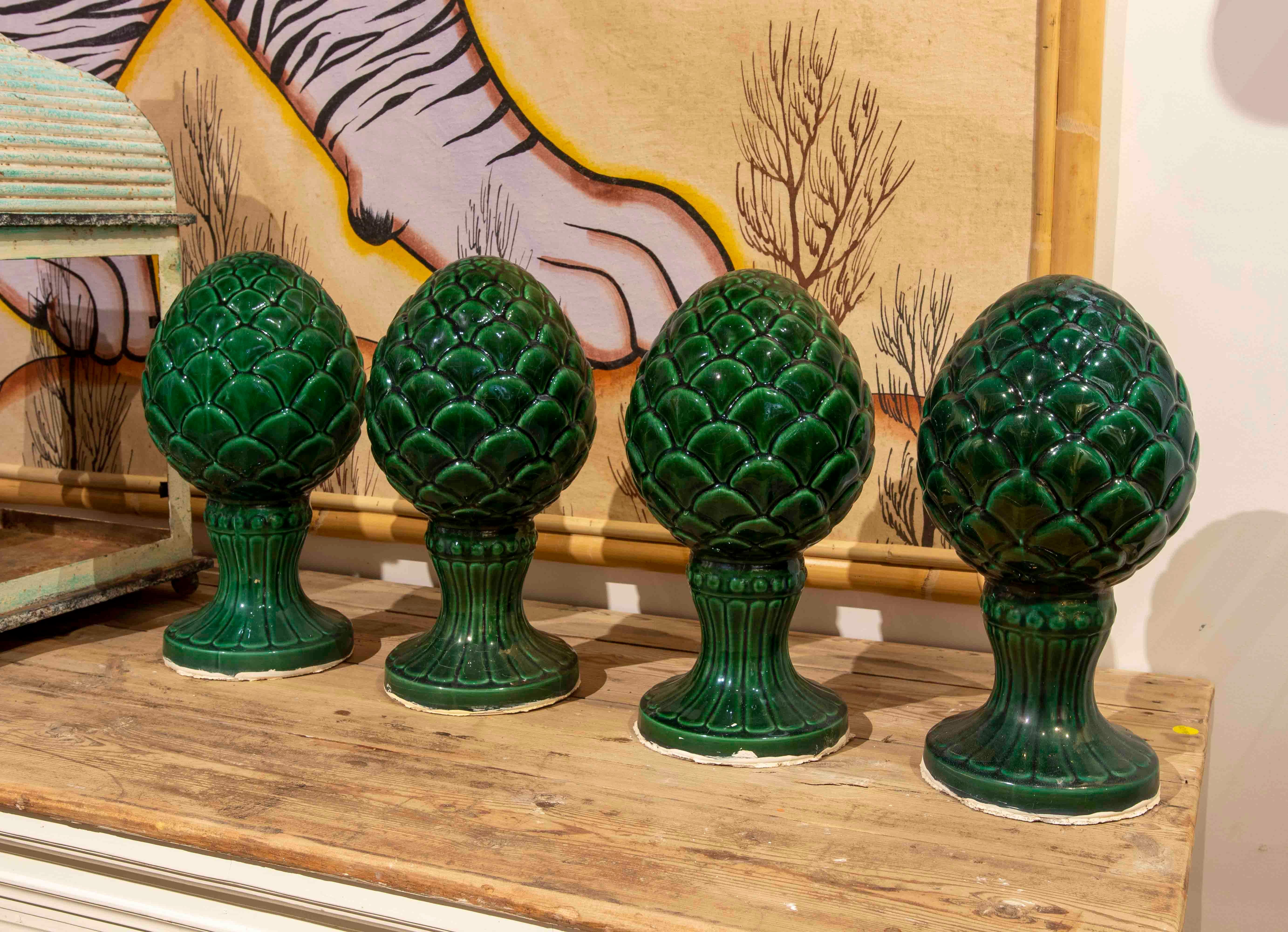 Spanish Set of Four Green Glazed Ceramic Finials in the Shape of Pineapples For Sale