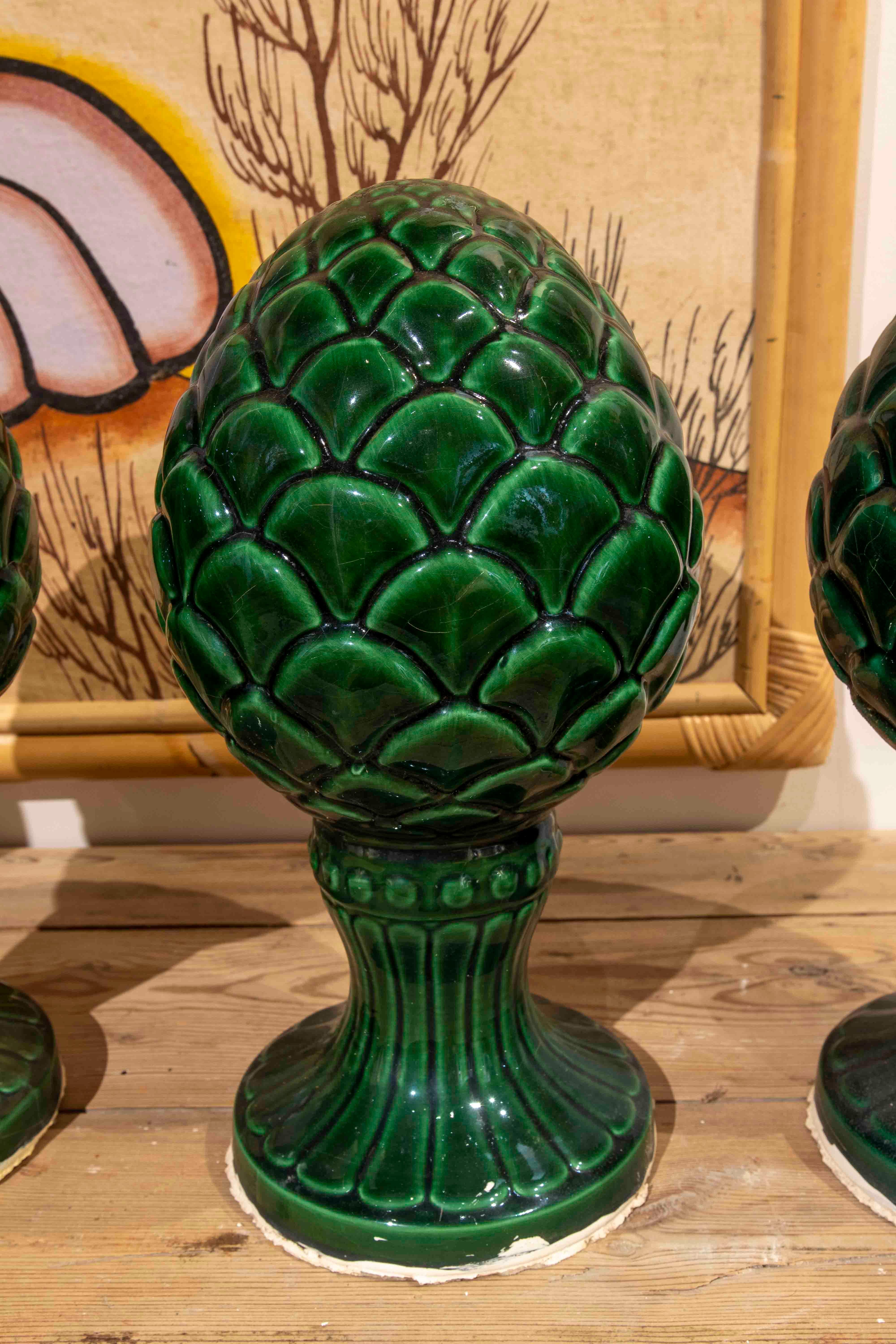 20th Century Set of Four Green Glazed Ceramic Finials in the Shape of Pineapples For Sale
