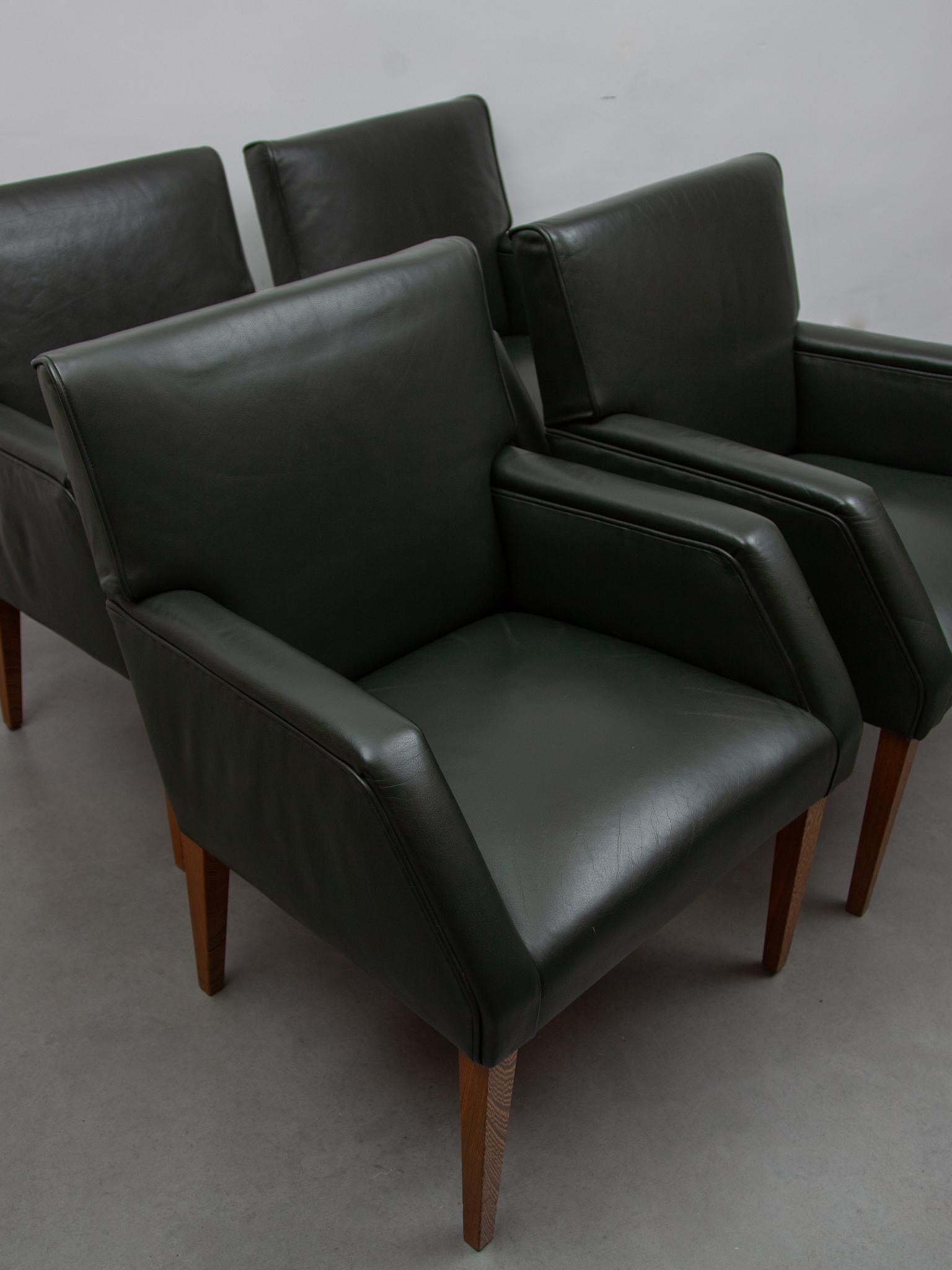 Set of Four Green Leather Arm Lounge Chairs, Denmark For Sale 5