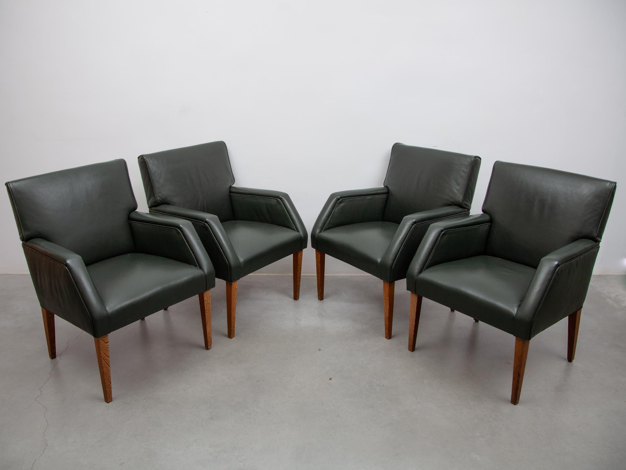 Set of Four Green Leather Arm Lounge Chairs, Denmark For Sale 7