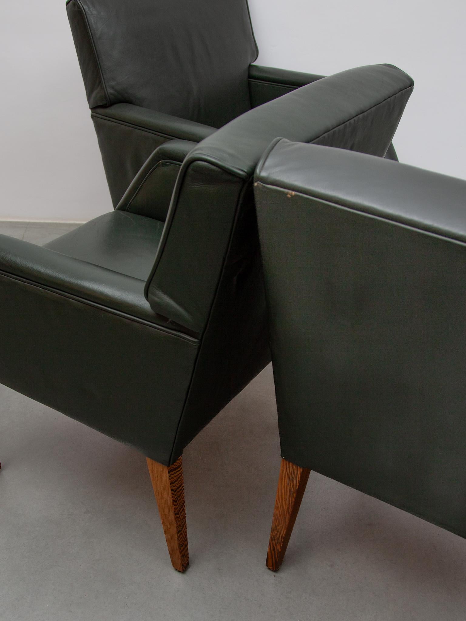Set of Four Green Leather Arm Lounge Chairs, Denmark For Sale 8
