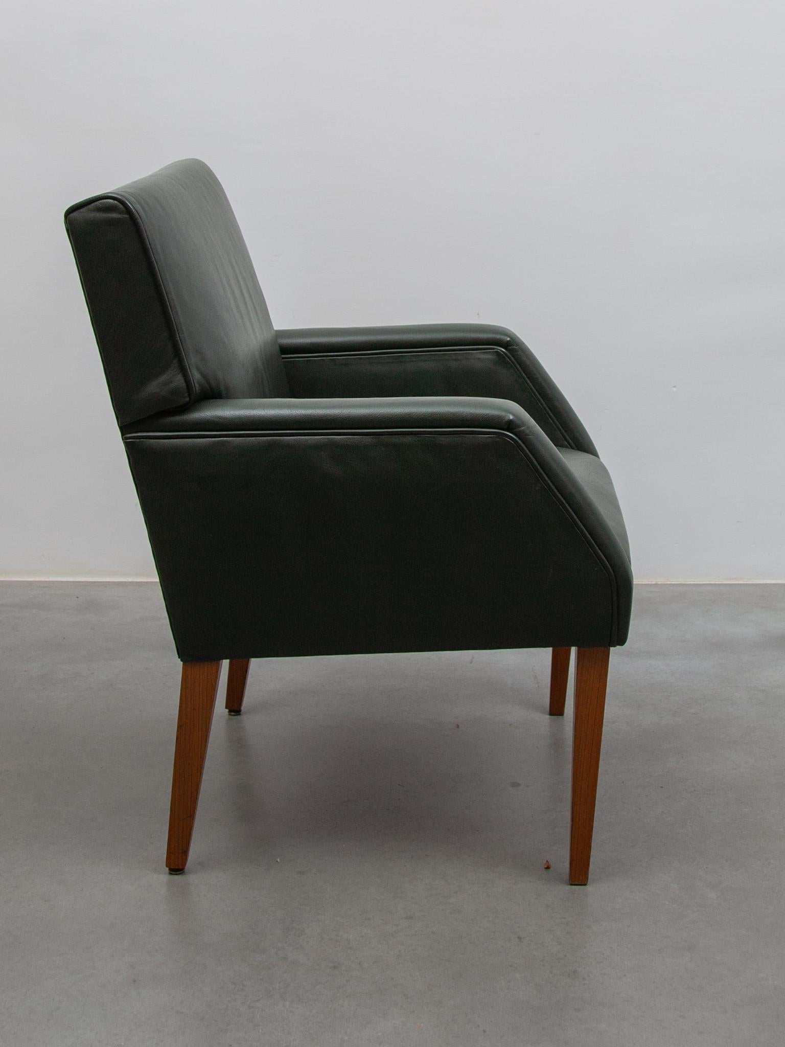 Mid-20th Century Set of Four Green Leather Arm Lounge Chairs, Denmark For Sale