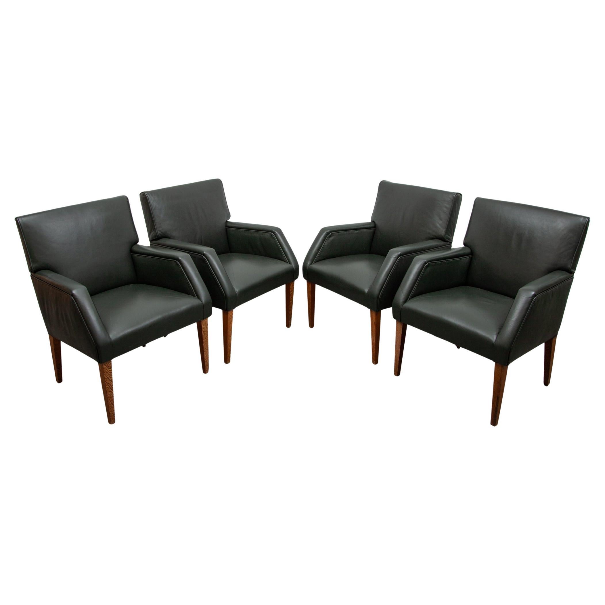 Set of Four Green Leather Arm Lounge Chairs, Denmark