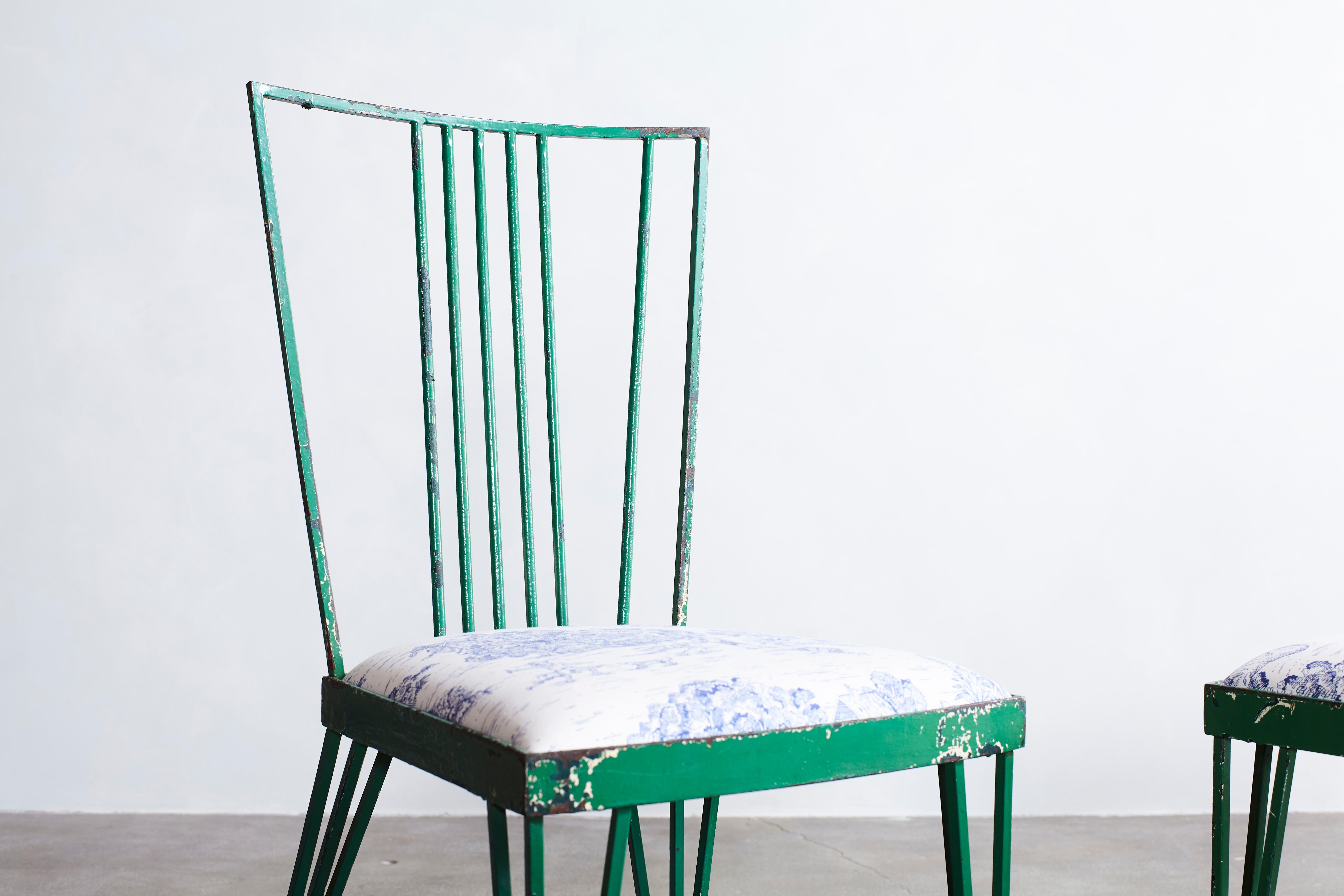 Late 20th Century Set of Four Green Metal Modernist Chairs Newly Upholstered in Blue Toile Fabric