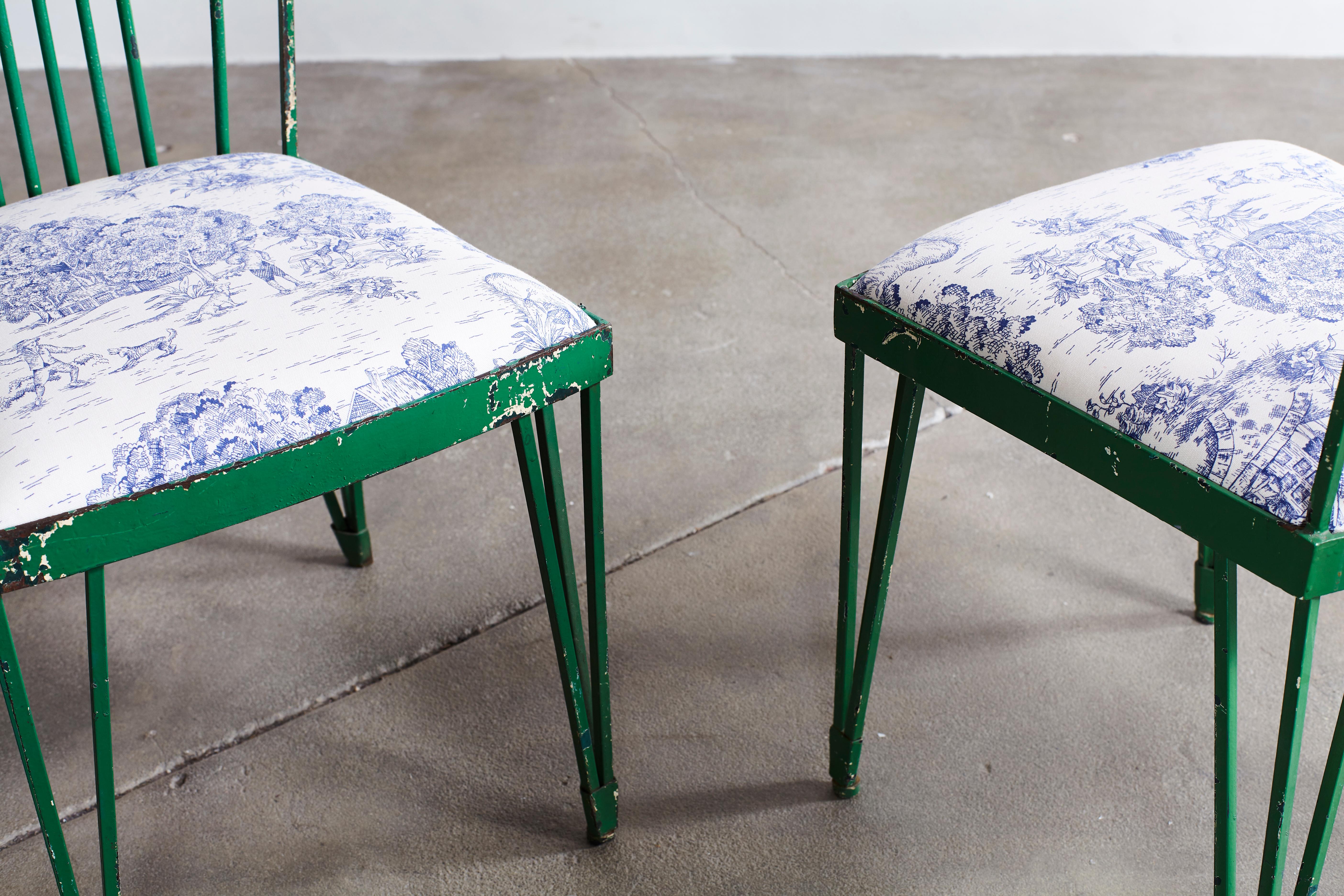 Set of Four Green Metal Modernist Chairs Newly Upholstered in Blue Toile Fabric 2