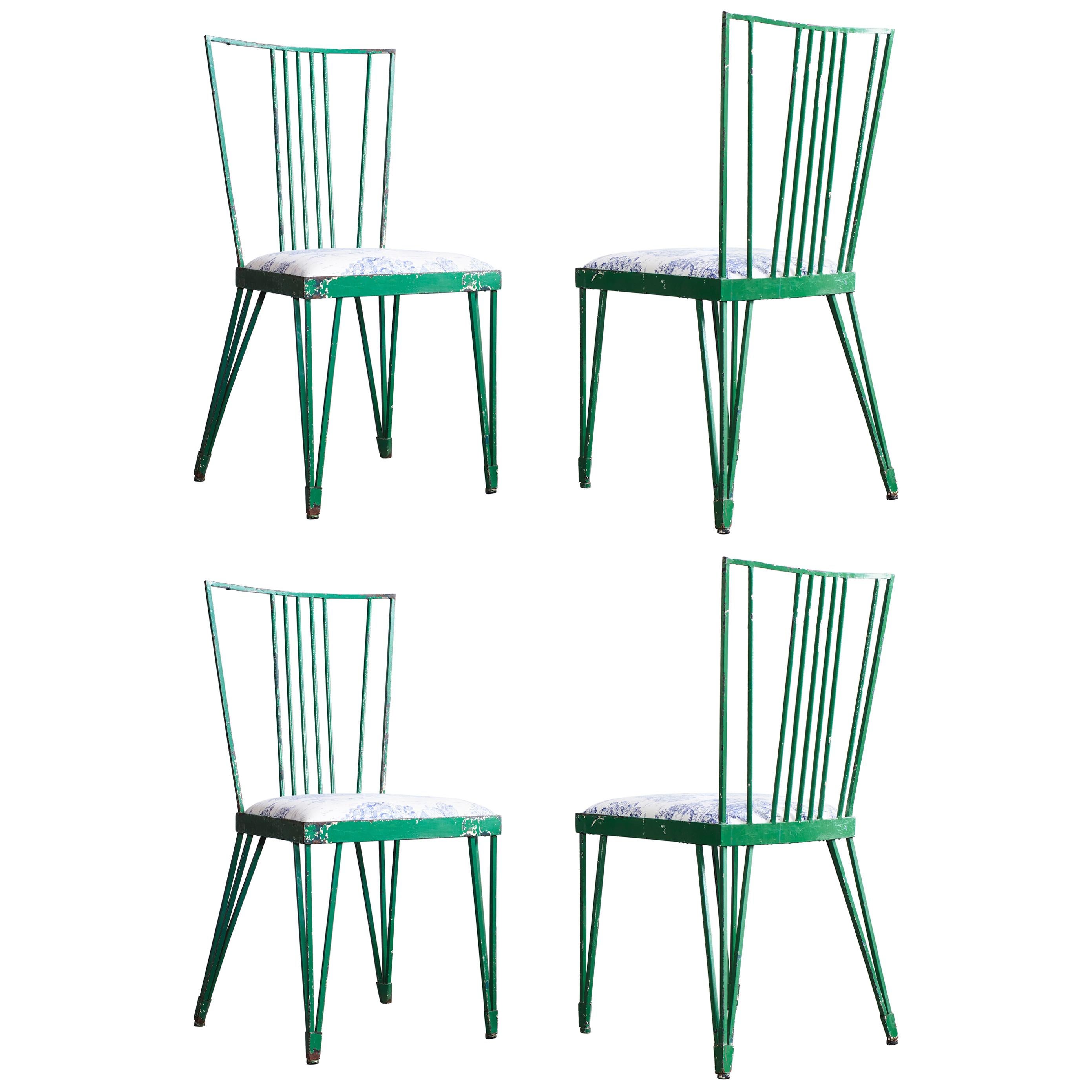 Set of Four Green Metal Modernist Chairs Newly Upholstered in Blue Toile Fabric