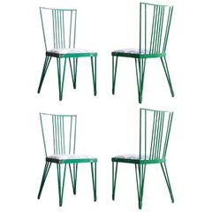 Vintage Set of Four Green Metal Modernist Chairs Newly Upholstered in Blue Toile Fabric