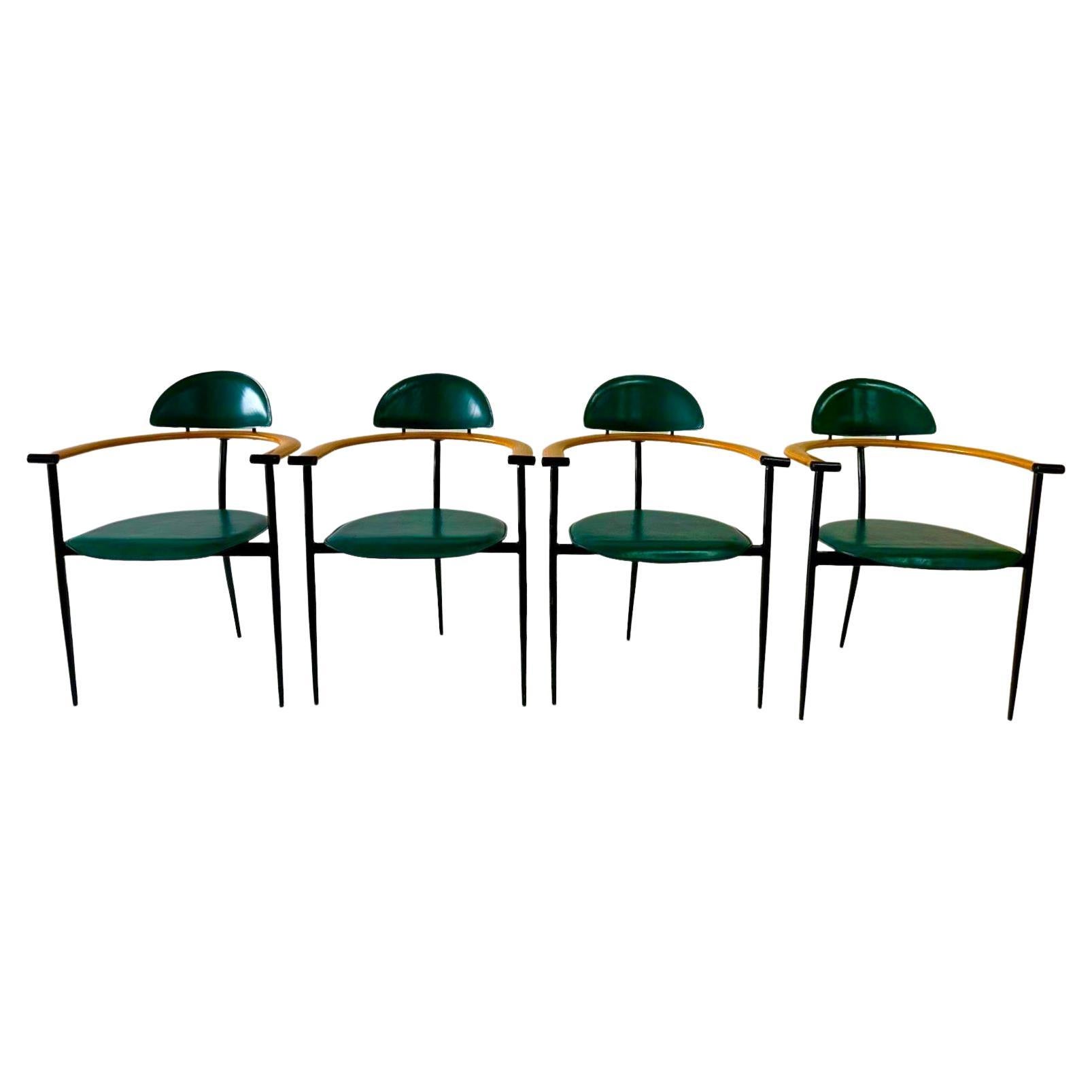 Set of Four Green Stitched Leather Stiletto Chairs by Arrben ITALY