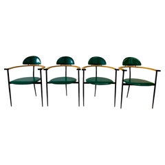 Retro Set of Four Green Stitched Leather Stiletto Chairs by Arrben ITALY