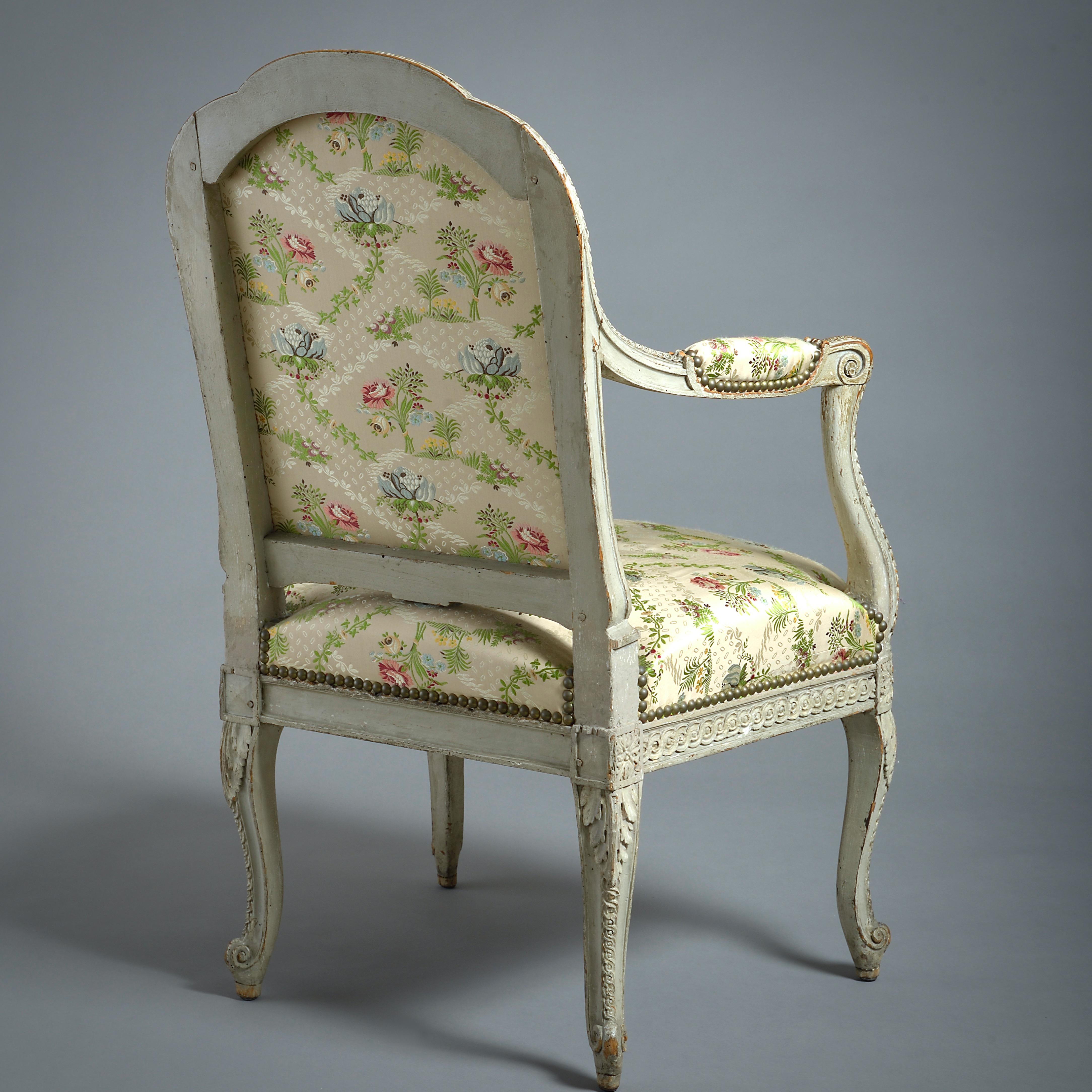 18th Century and Earlier Set of Four Grey-Painted Fauteuils by Jean-Baptiste Gourdin For Sale
