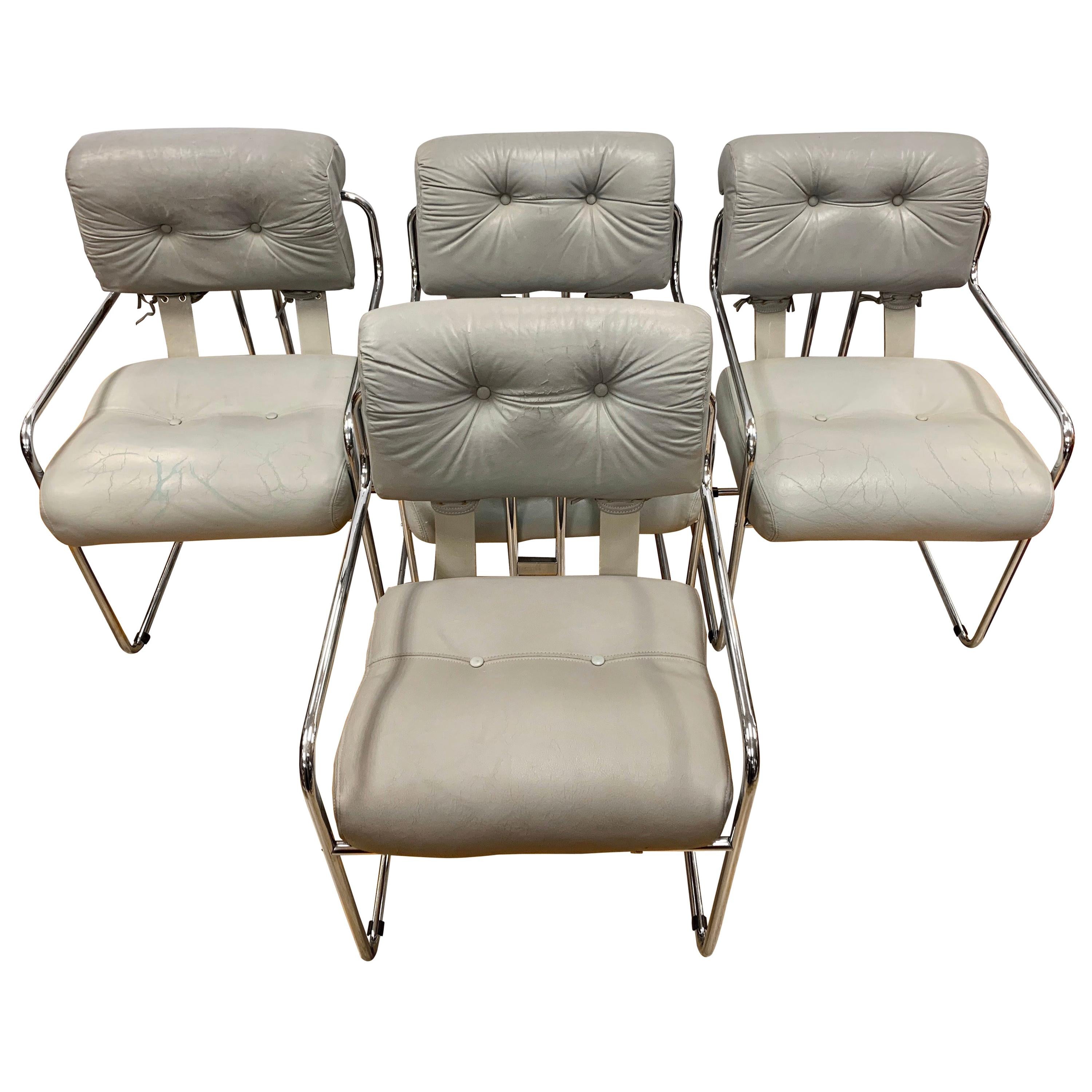 Set of Four Guido Faleschini Tucroma Gray Leather and Chrome Chairs Mariani Pace