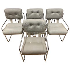 Set of Four Guido Faleschini Tucroma Gray Leather and Chrome Chairs Mariani Pace