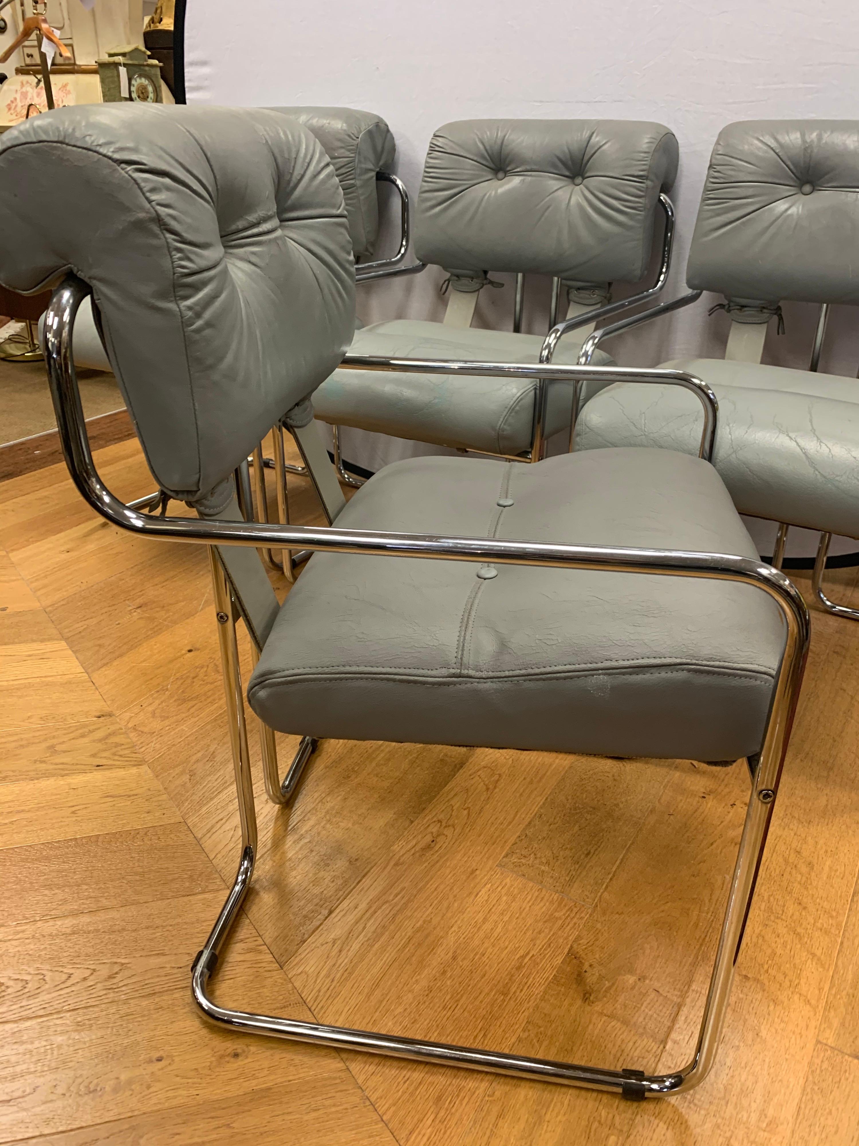 Set of Four Guido Faleschini Tucroma Gray Leather and Chrome Chairs Mariani Pace In Fair Condition In West Hartford, CT