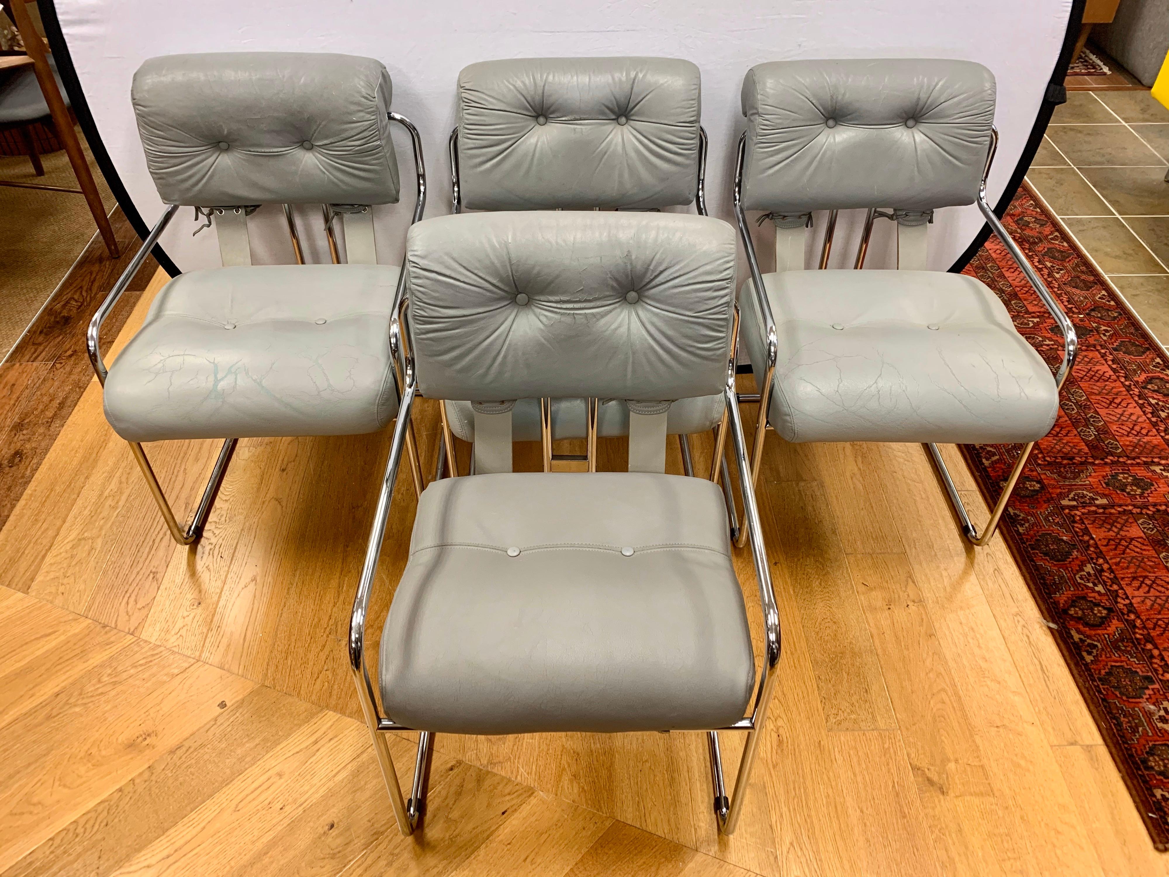 Set of Four Guido Faleschini Tucroma Gray Leather & Chrome Chairs Mariani Pace 1