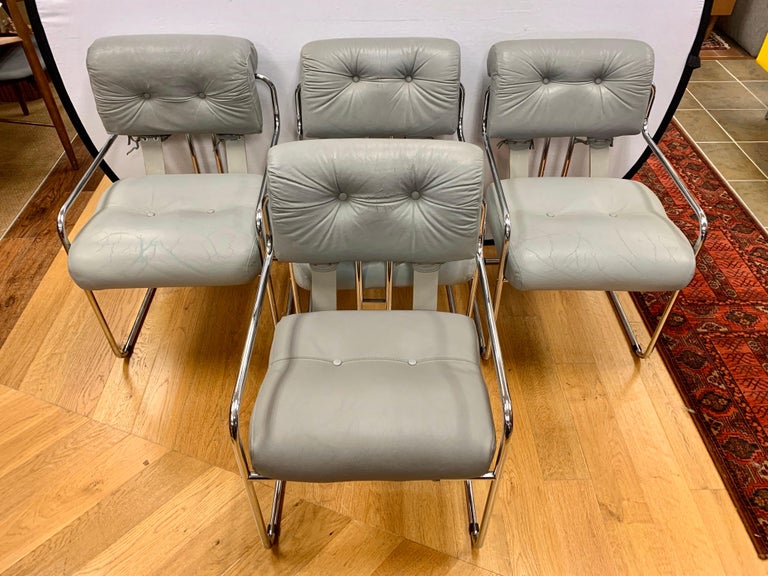 Set of Four Guido Faleschini Tucroma Gray Leather and Chrome Chairs Mariani Pace For Sale 1