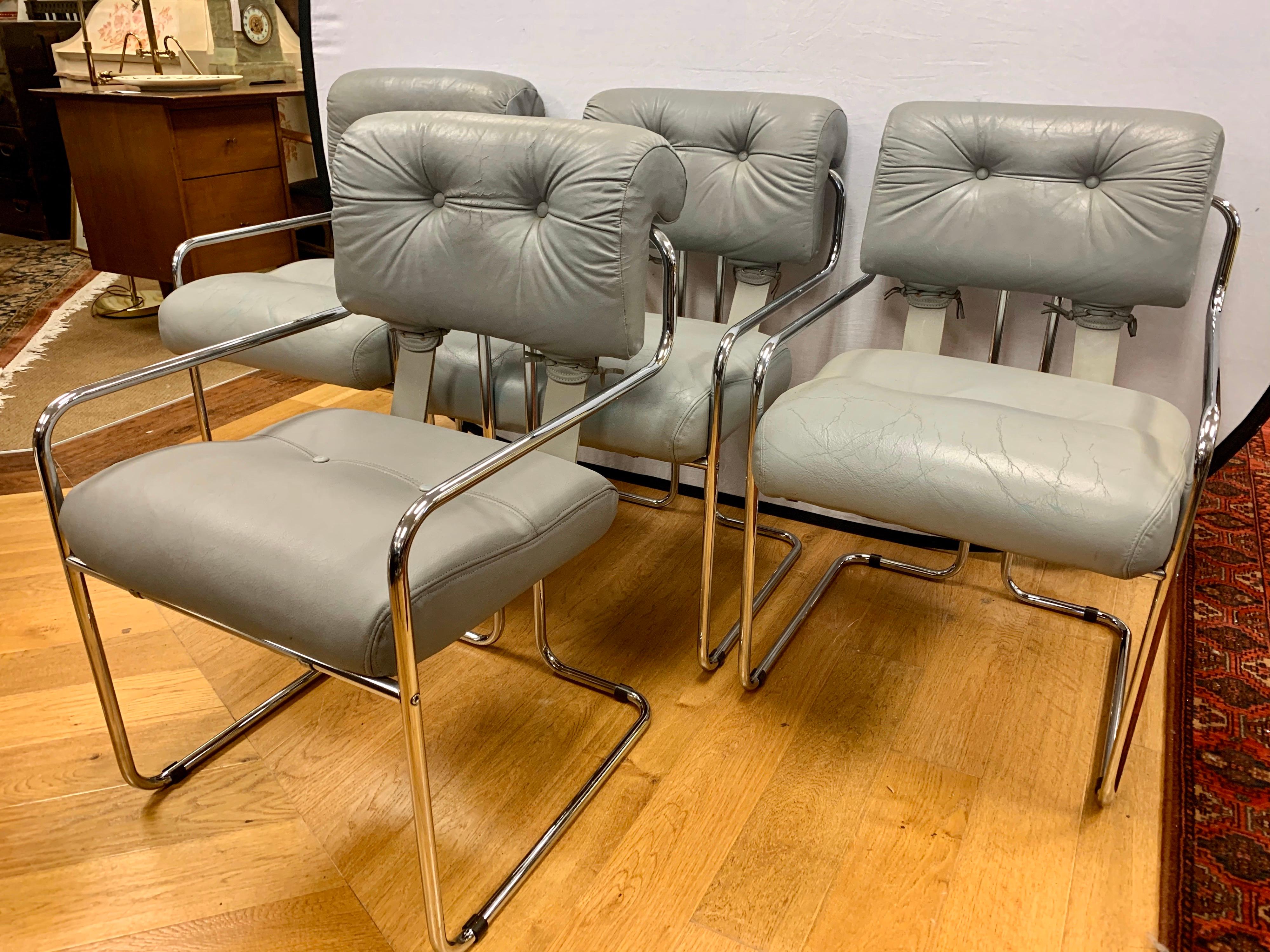 Set of Four Guido Faleschini Tucroma Gray Leather and Chrome Chairs Mariani Pace 1