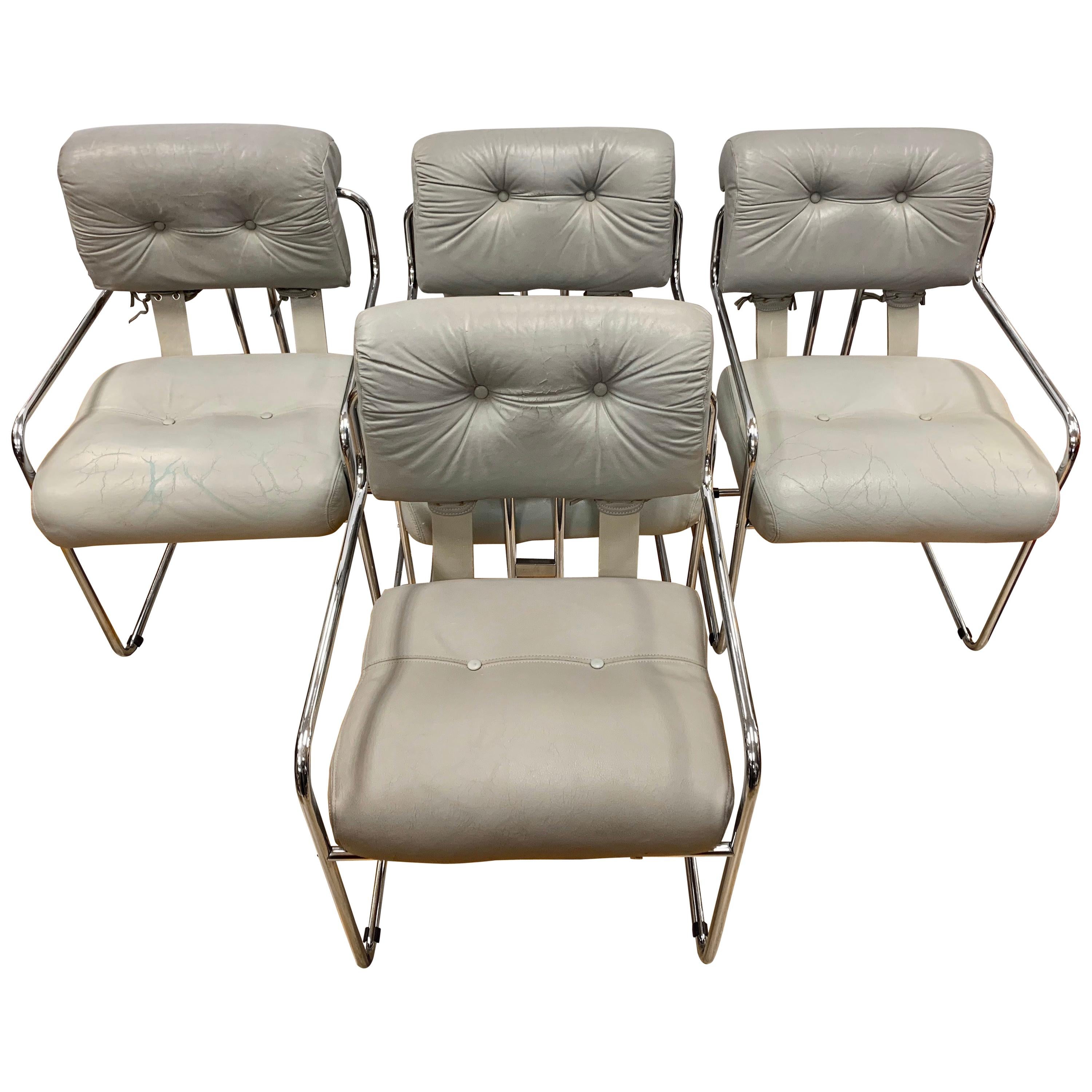 Set of Four Guido Faleschini Tucroma Gray Leather & Chrome Chairs Mariani Pace