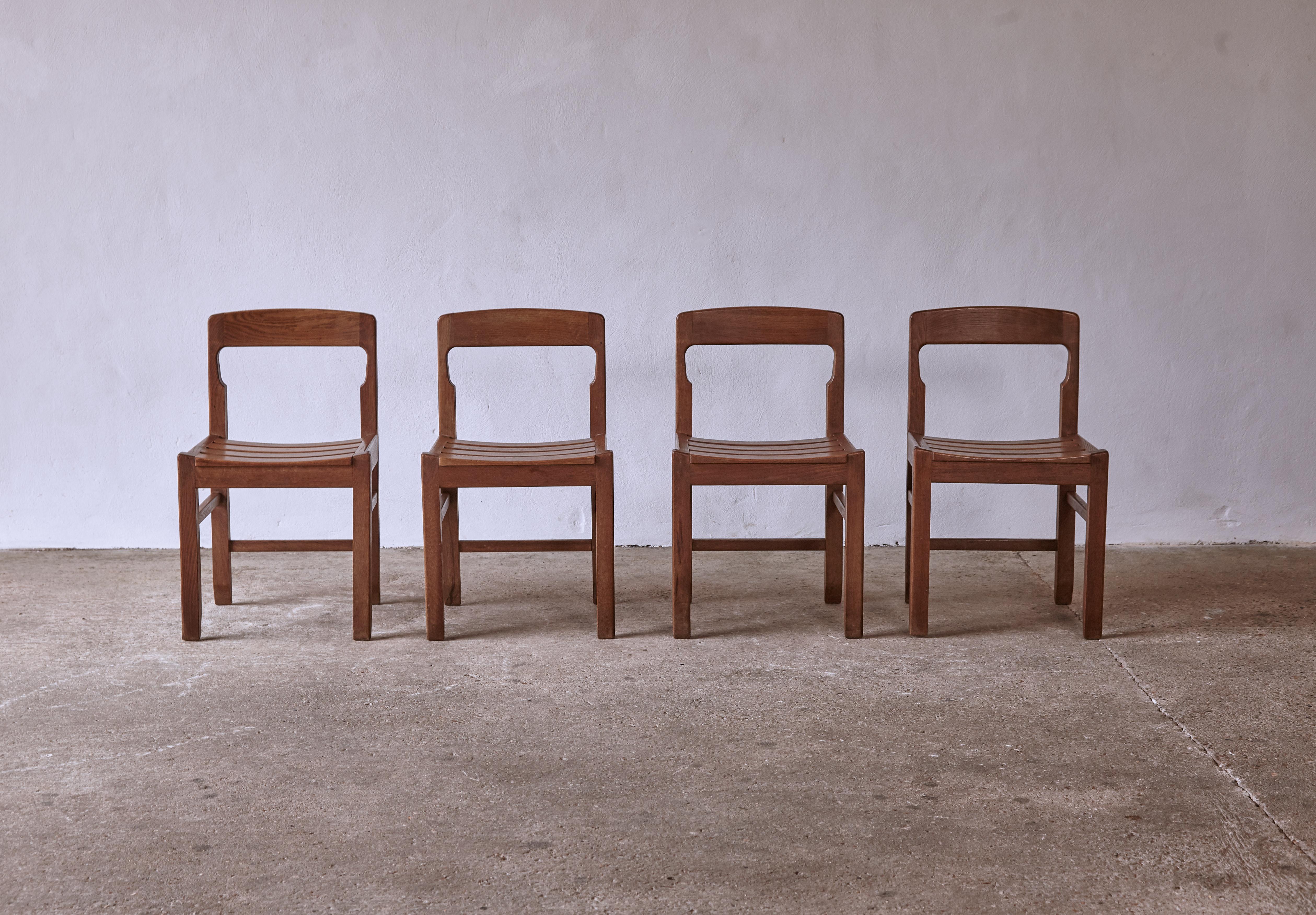French Set of Four Guillerme et Chambron Oak Dining Chairs, France, 1960s For Sale