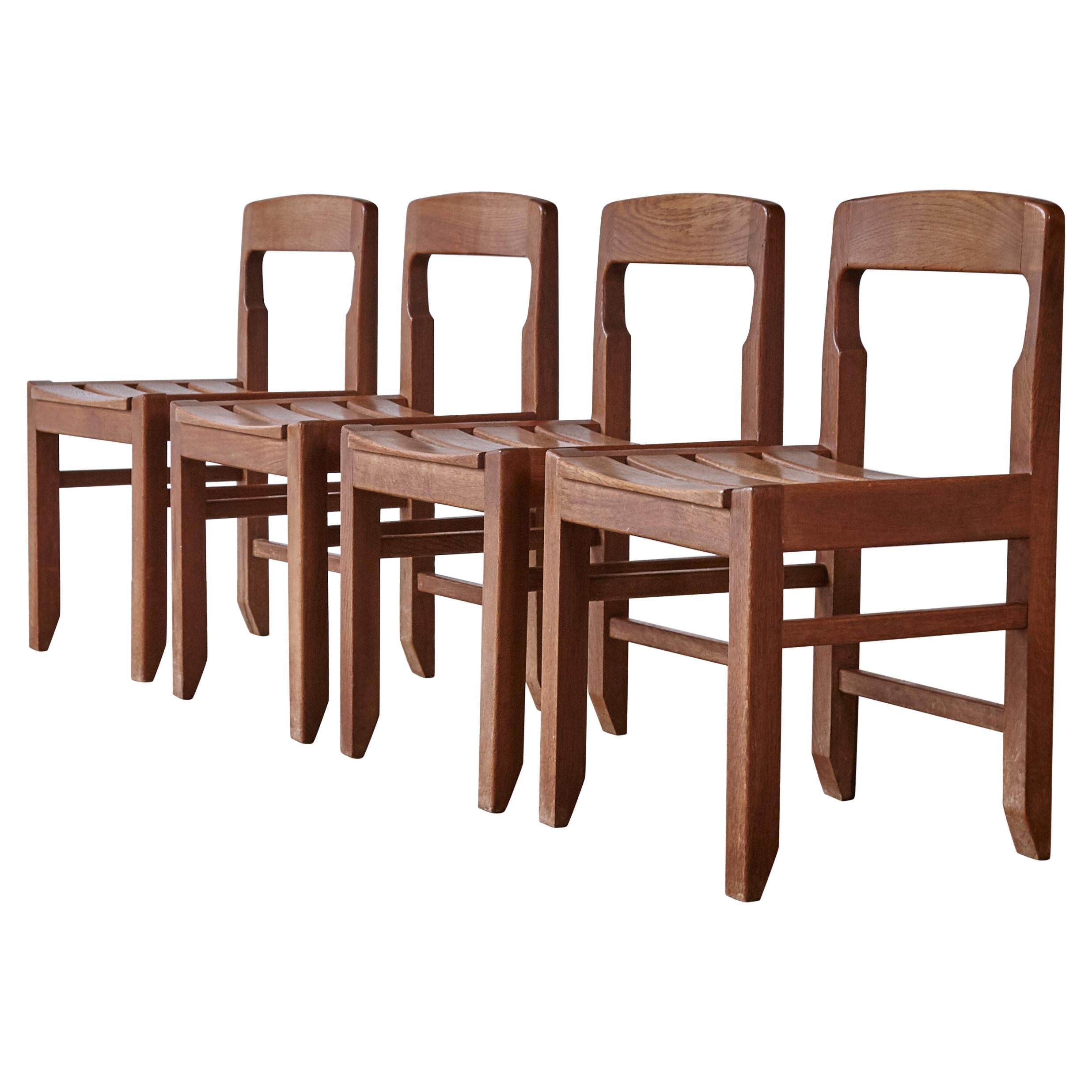 Set of Four Guillerme et Chambron Oak Dining Chairs, France, 1960s