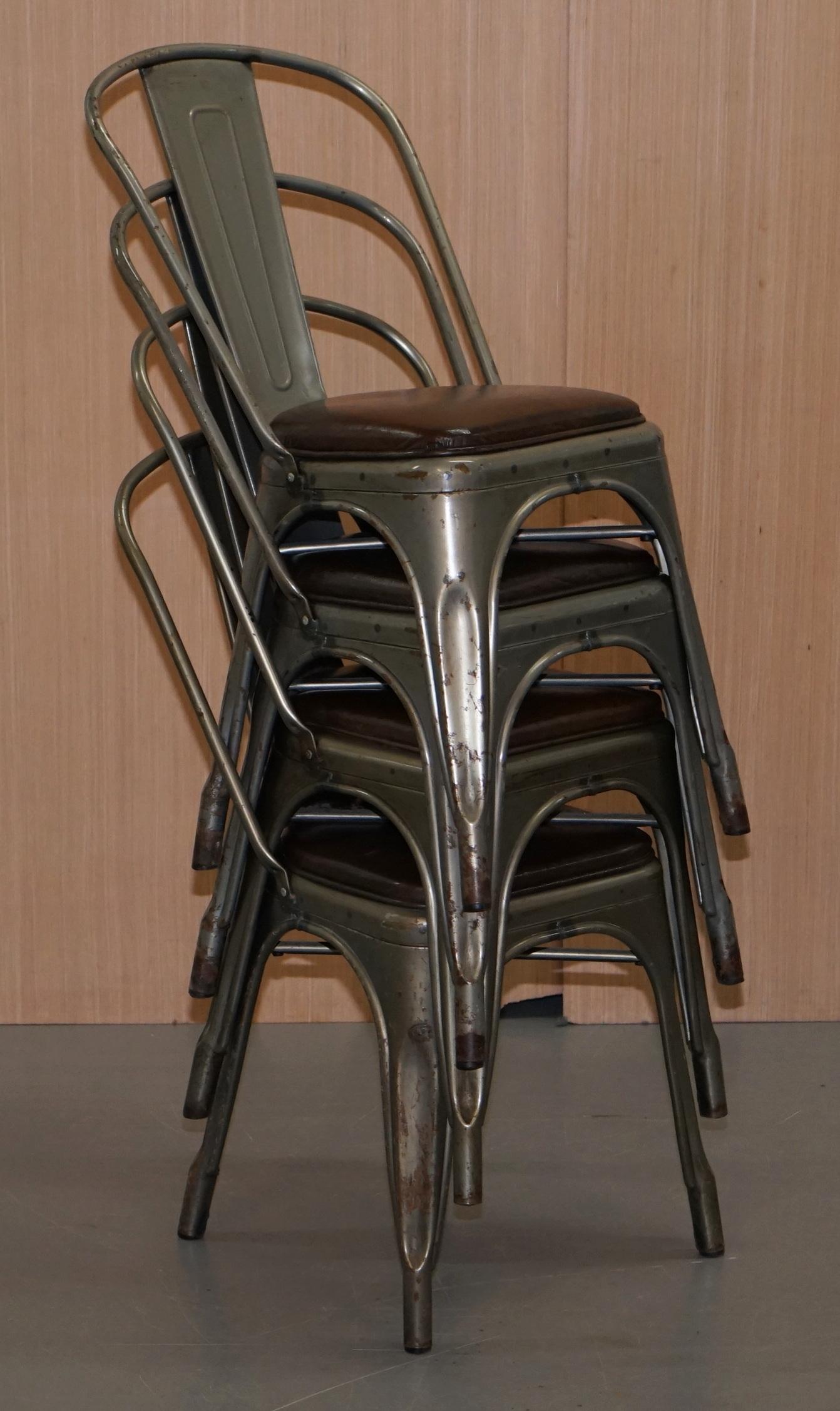 Set of Four Gun Metal Grey Stacking Chairs Tolix V2 with Upholstered Seat Pad 14