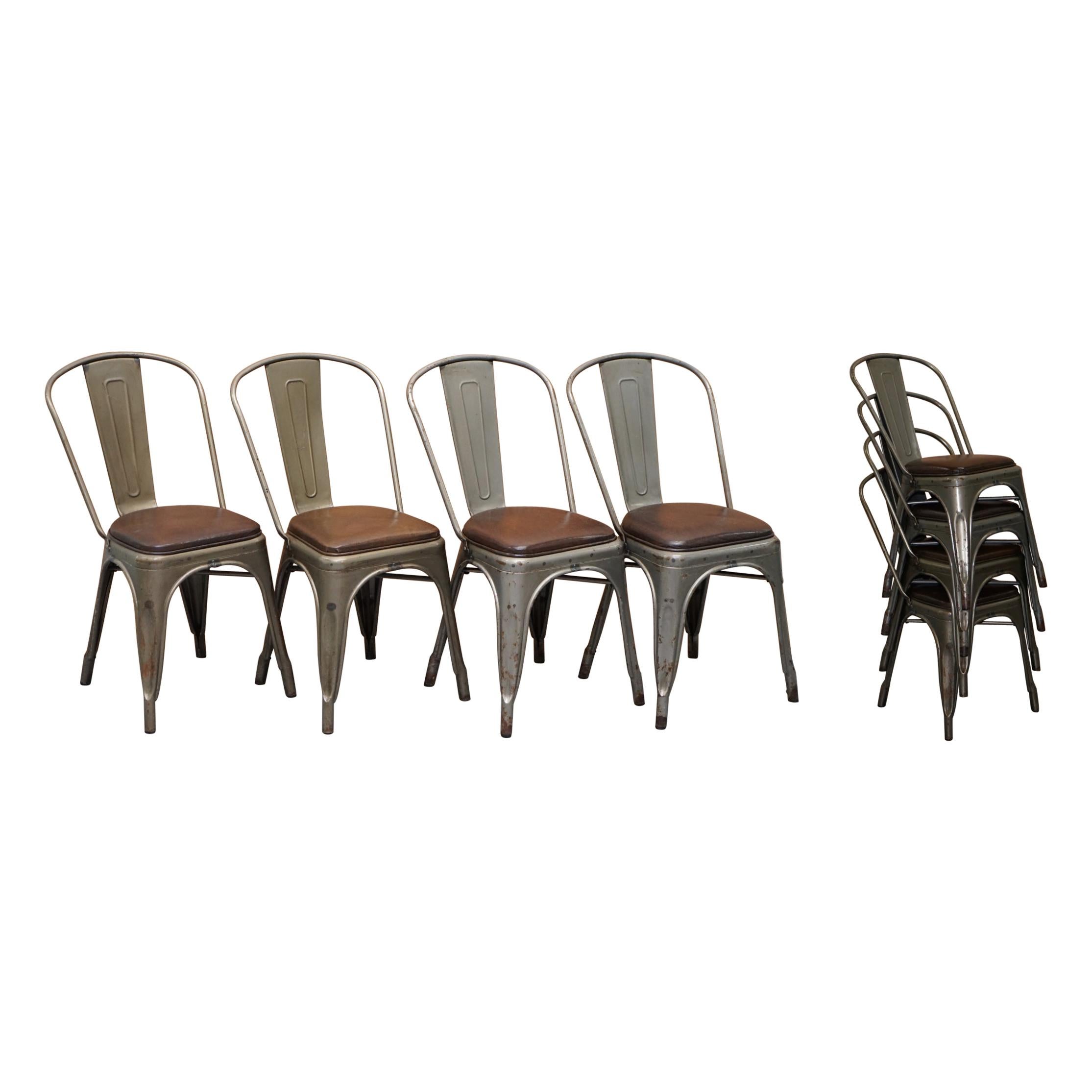Set of Four Gun Metal Grey Stacking Chairs Tolix V2 with Upholstered Seat Pad