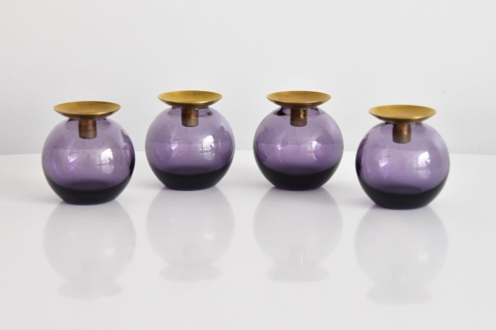 Mid-20th Century Set of Four Gunnar Ander Lindshammar Glass and Brass Candle Sticks, 1950s